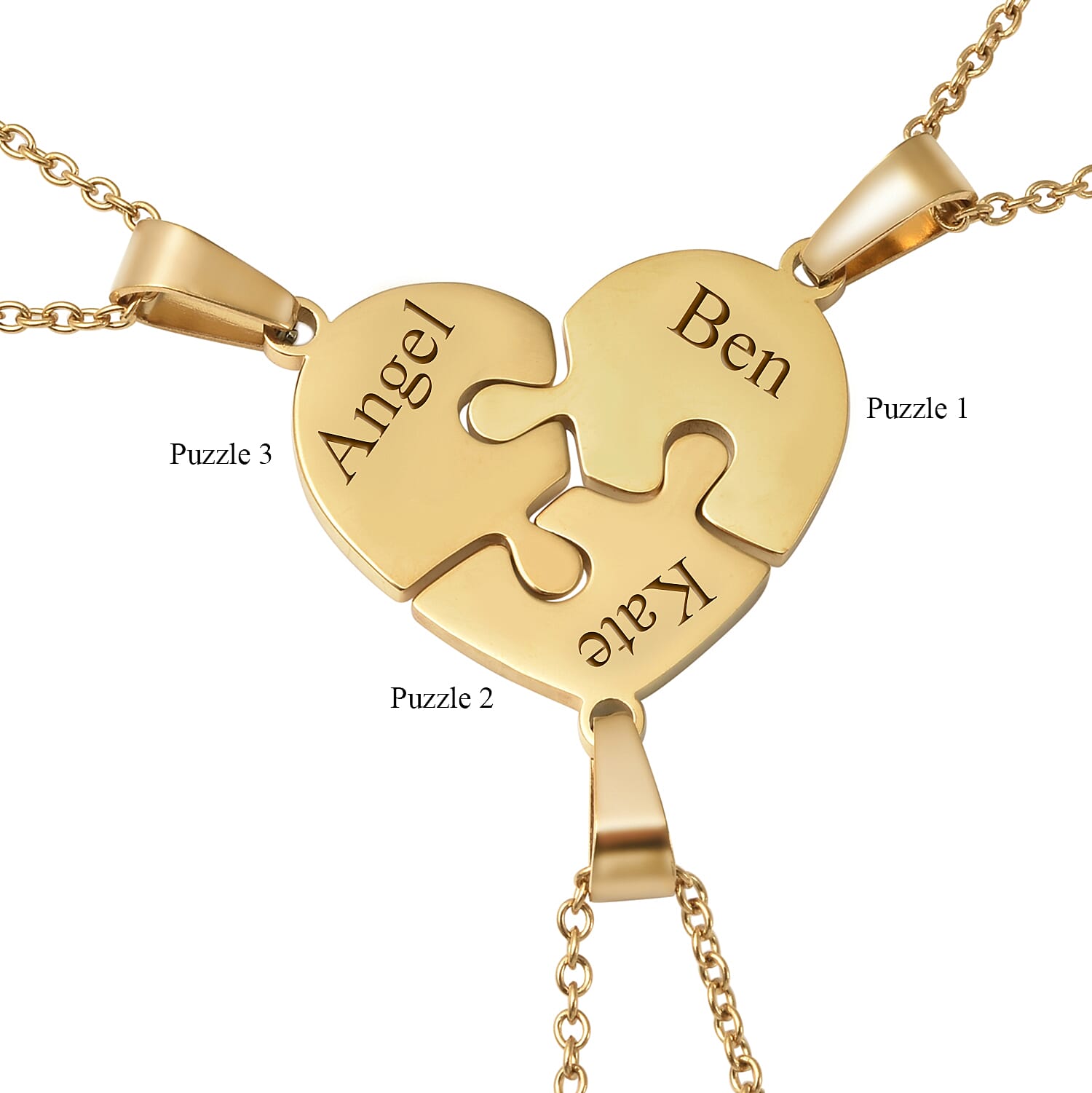 Personalised Engravable Set of 3 Puzzle Heart Necklace in Stainless Steel, Size 18"