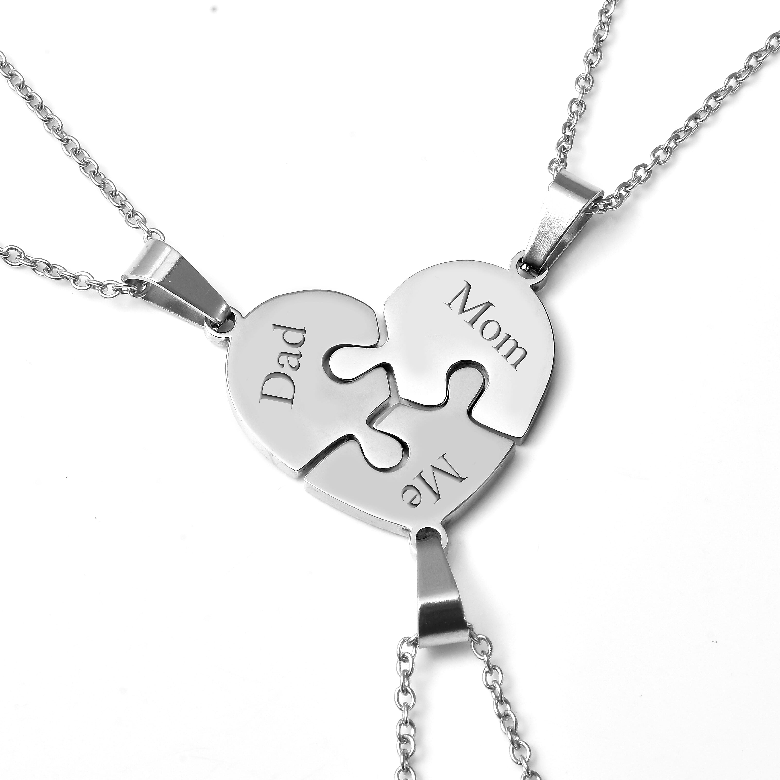 Personalised Engravable Set of 3 Puzzle Heart Necklace in Stainless Steel, Size 18"