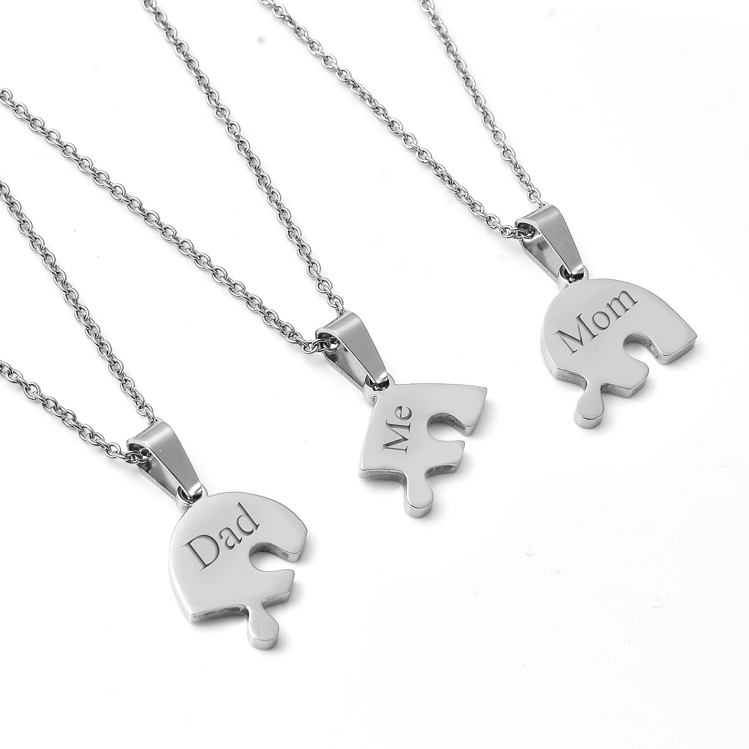 Personalised Engravable Set of 3 Puzzle Heart Necklace in Stainless Steel, Size 18"