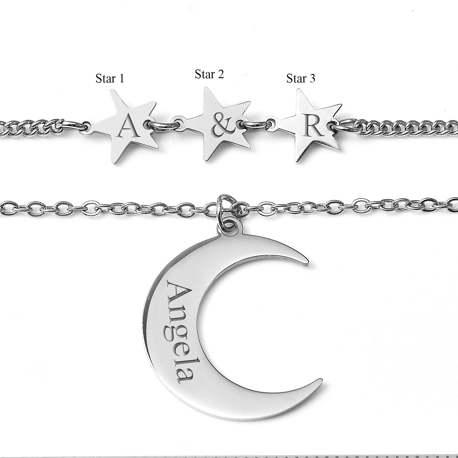 Personalised Engravable Stars & Moon Layered Necklace in Stainless Steel, Size 17.5"
