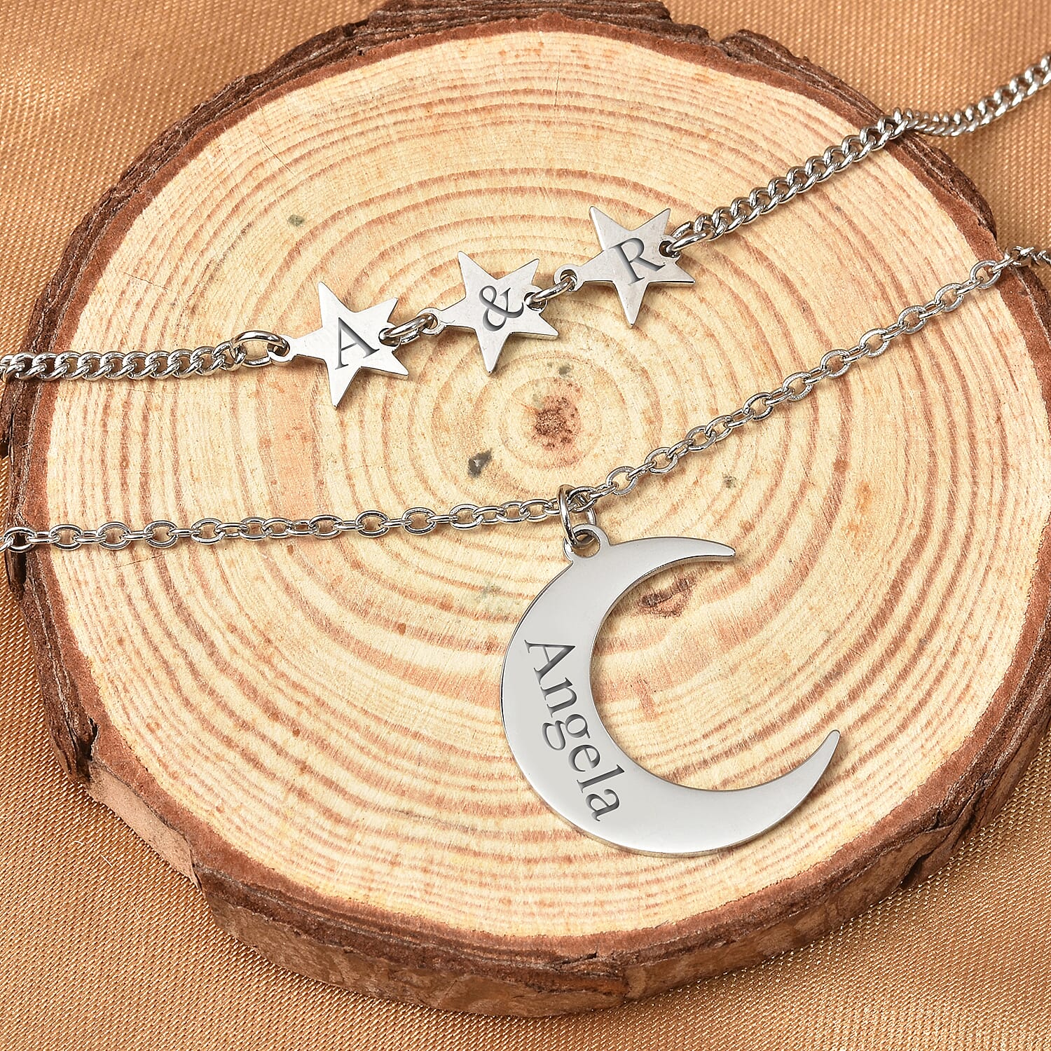 Personalised Engravable Stars & Moon Layered Necklace in Stainless Steel, Size 17.5"