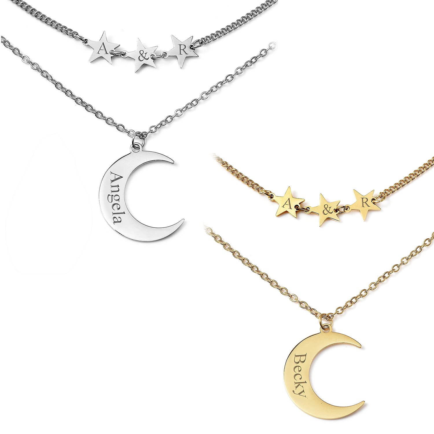 Personalised Engravable Stars & Moon Layered Necklace in Stainless Steel, Size 17.5"