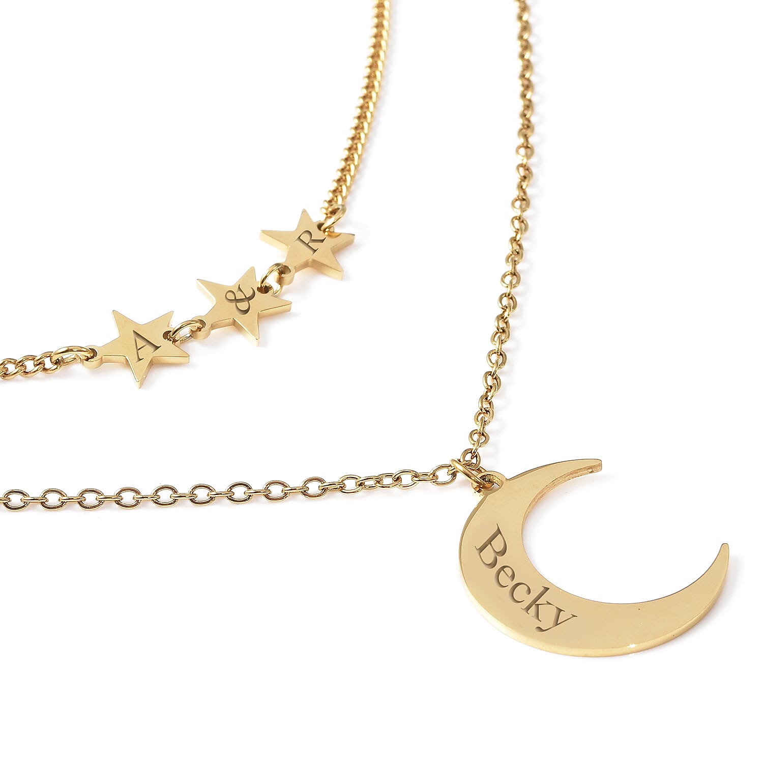 Personalised Engravable Stars & Moon Layered Necklace in Stainless Steel, Size 17.5"