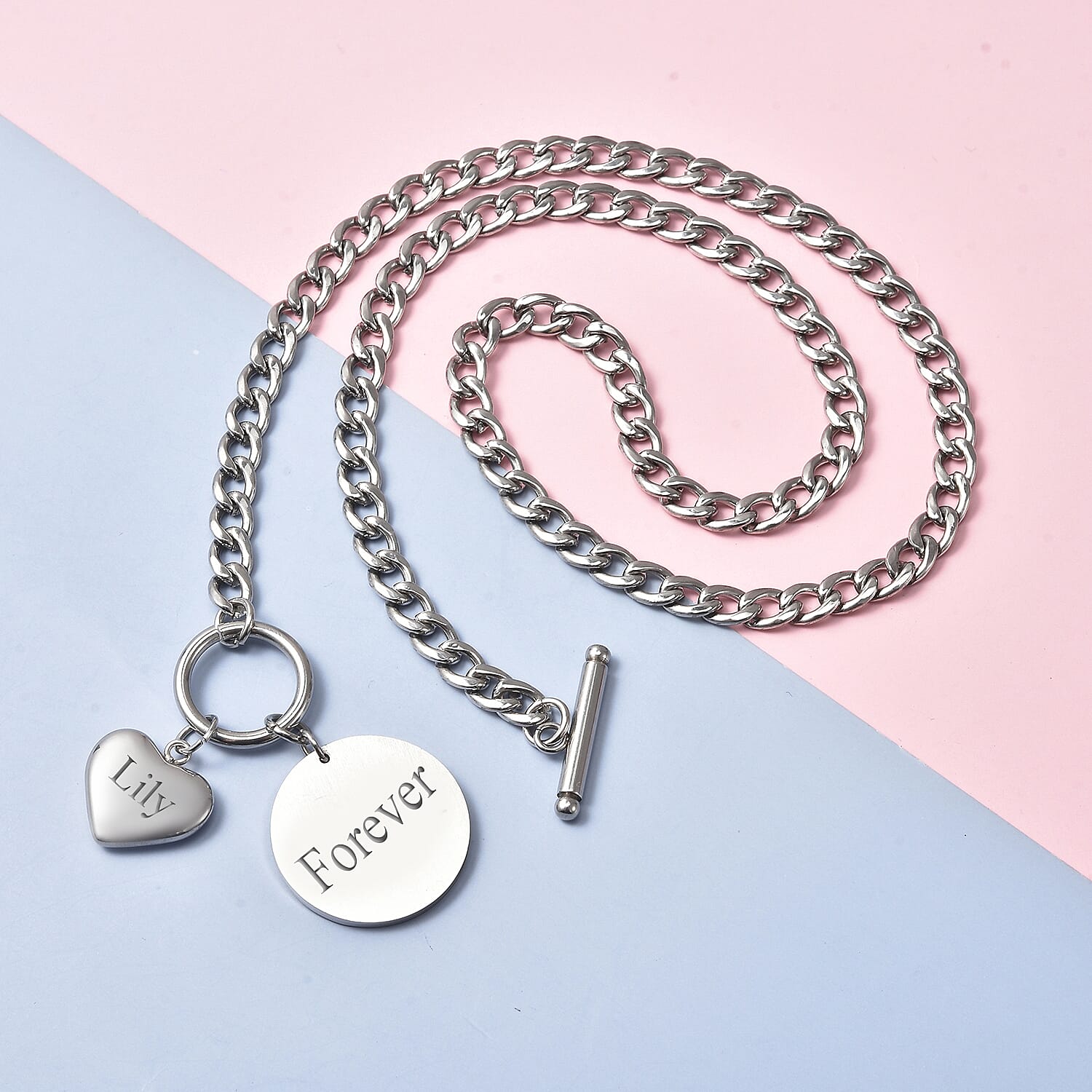 Personalised Engravable Heart & Disc Curb Chain Necklace in Stainless Steel, Size 18"