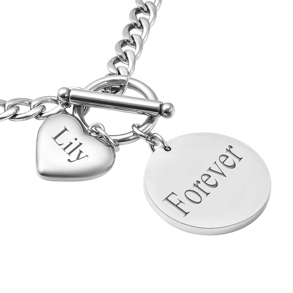 Personalised Engravable Heart & Disc Curb Chain Necklace in Stainless Steel, Size 18"