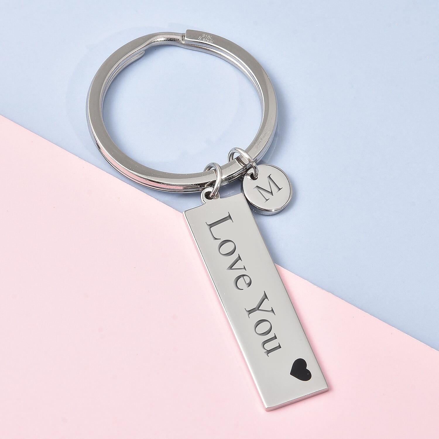 Personalised Engravable Disc & Bar Charm Key Ring With Heart in Silver Tone
