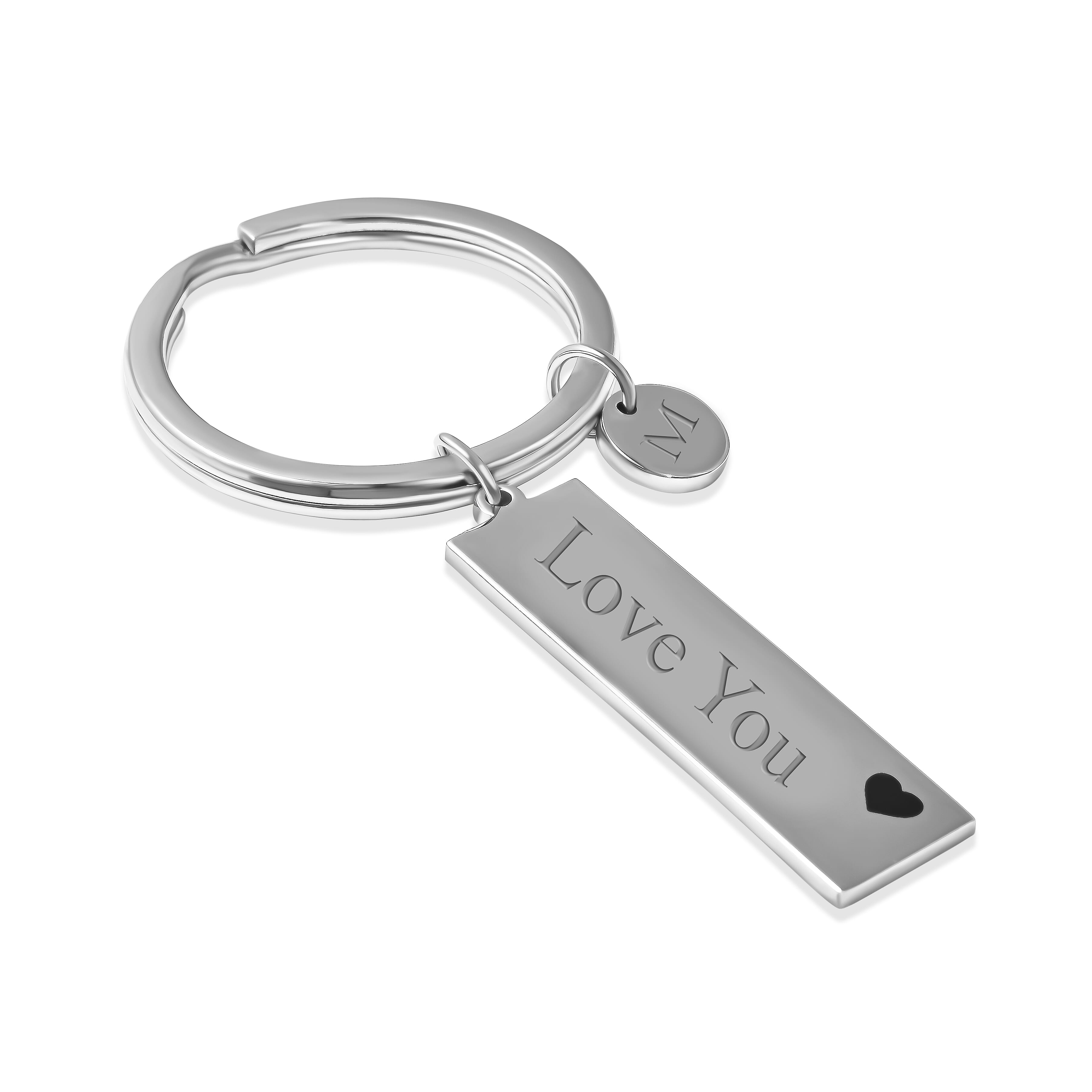 Personalised Engravable Disc & Bar Charm Key Ring With Heart in Silver Tone