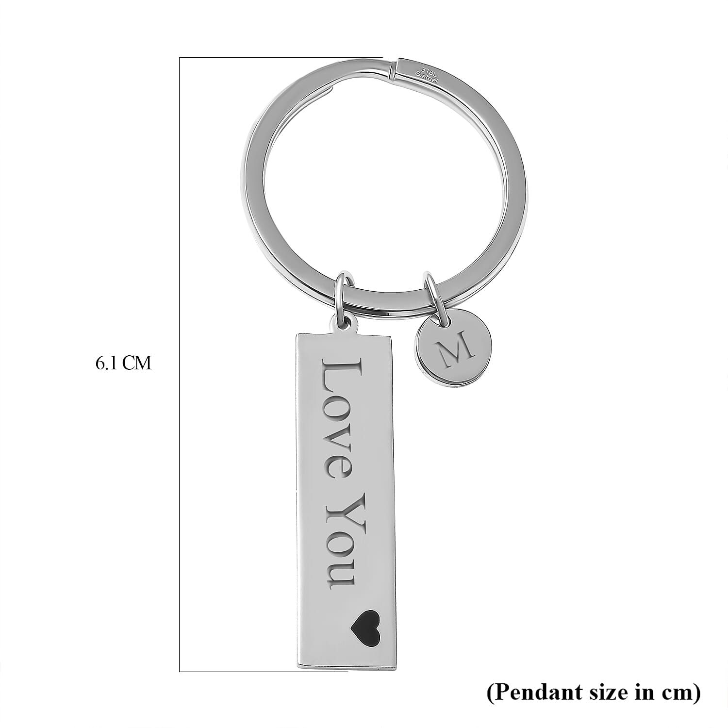Personalised Engravable Disc & Bar Charm Key Ring With Heart in Silver Tone