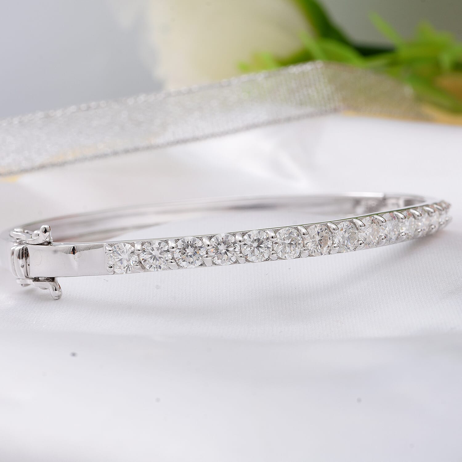 Personalised Engravable Moissanite Half Eternity Bangle Size 7.5 in Rhodium Plated Sterling Silver 4.00 Ct.