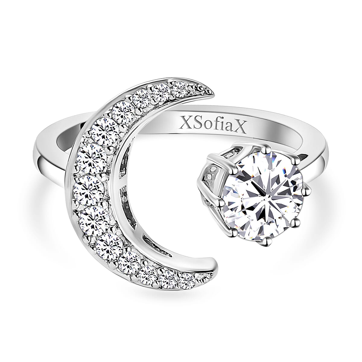 Personalised Engravable Moissanite Crescent Moon Open Ring in Platinum Overlay Sterling Silver 1.02 Ct.