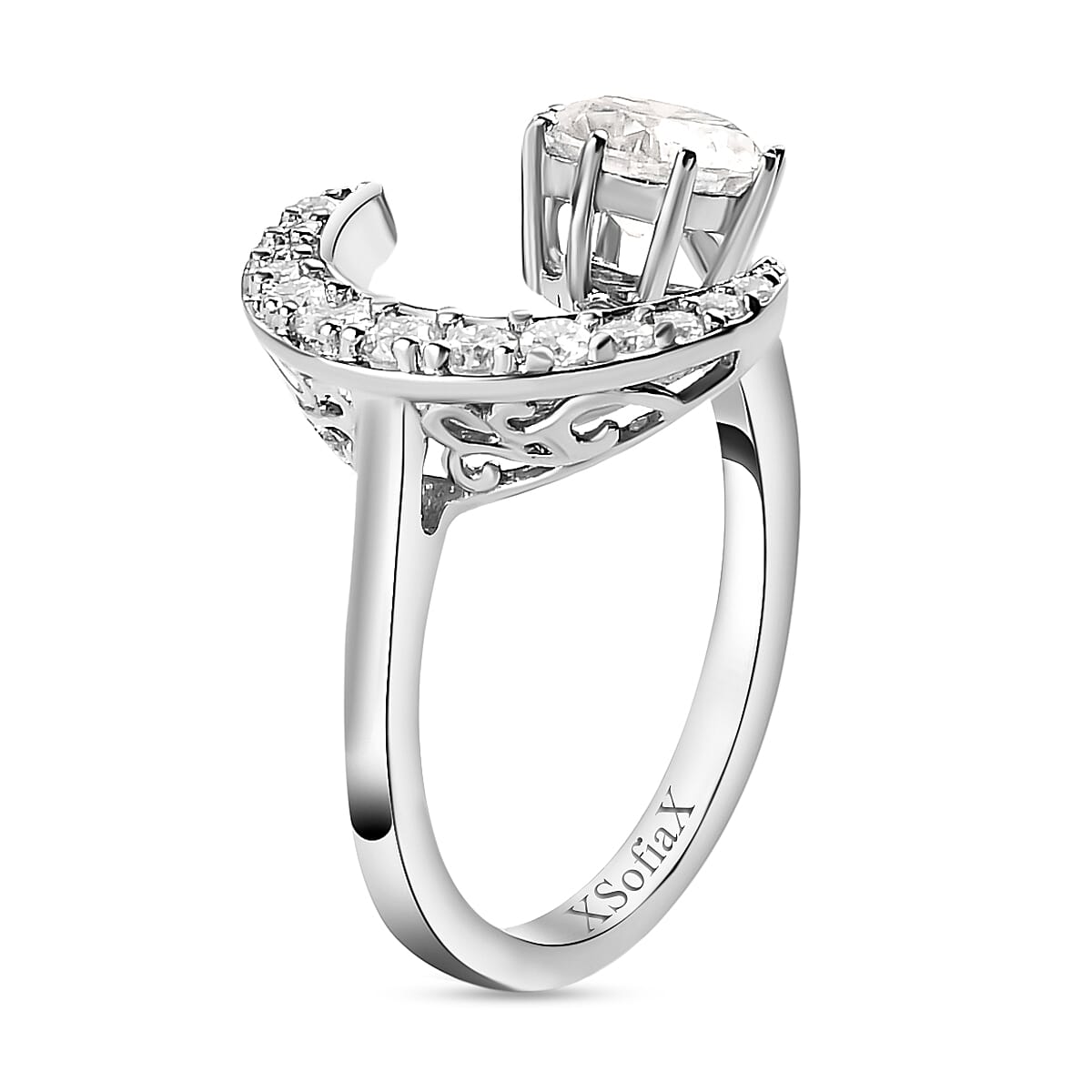 Personalised Engravable Moissanite Crescent Moon Open Ring in Platinum Overlay Sterling Silver 1.02 Ct.
