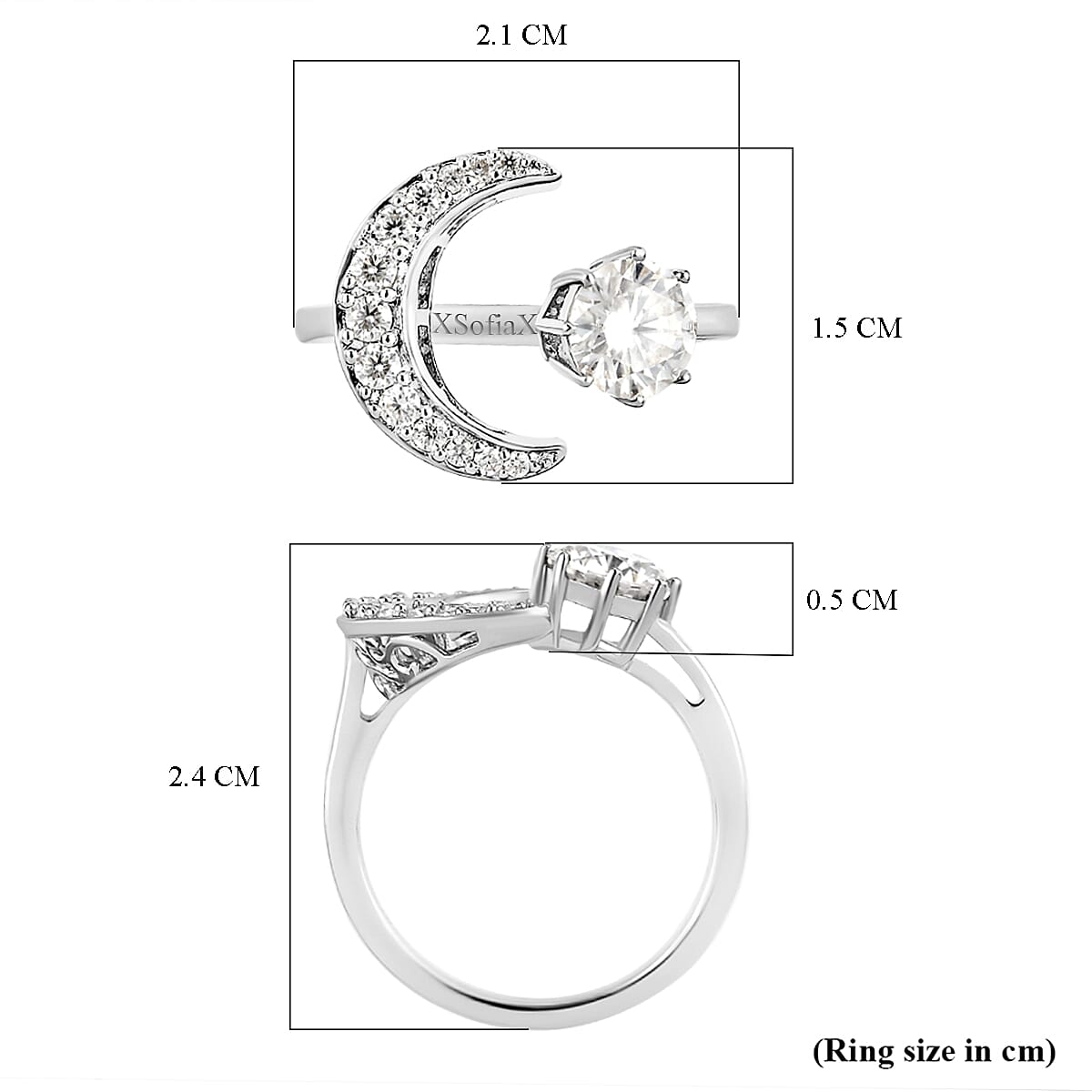 Personalised Engravable Moissanite Crescent Moon Open Ring in Platinum Overlay Sterling Silver 1.02 Ct.