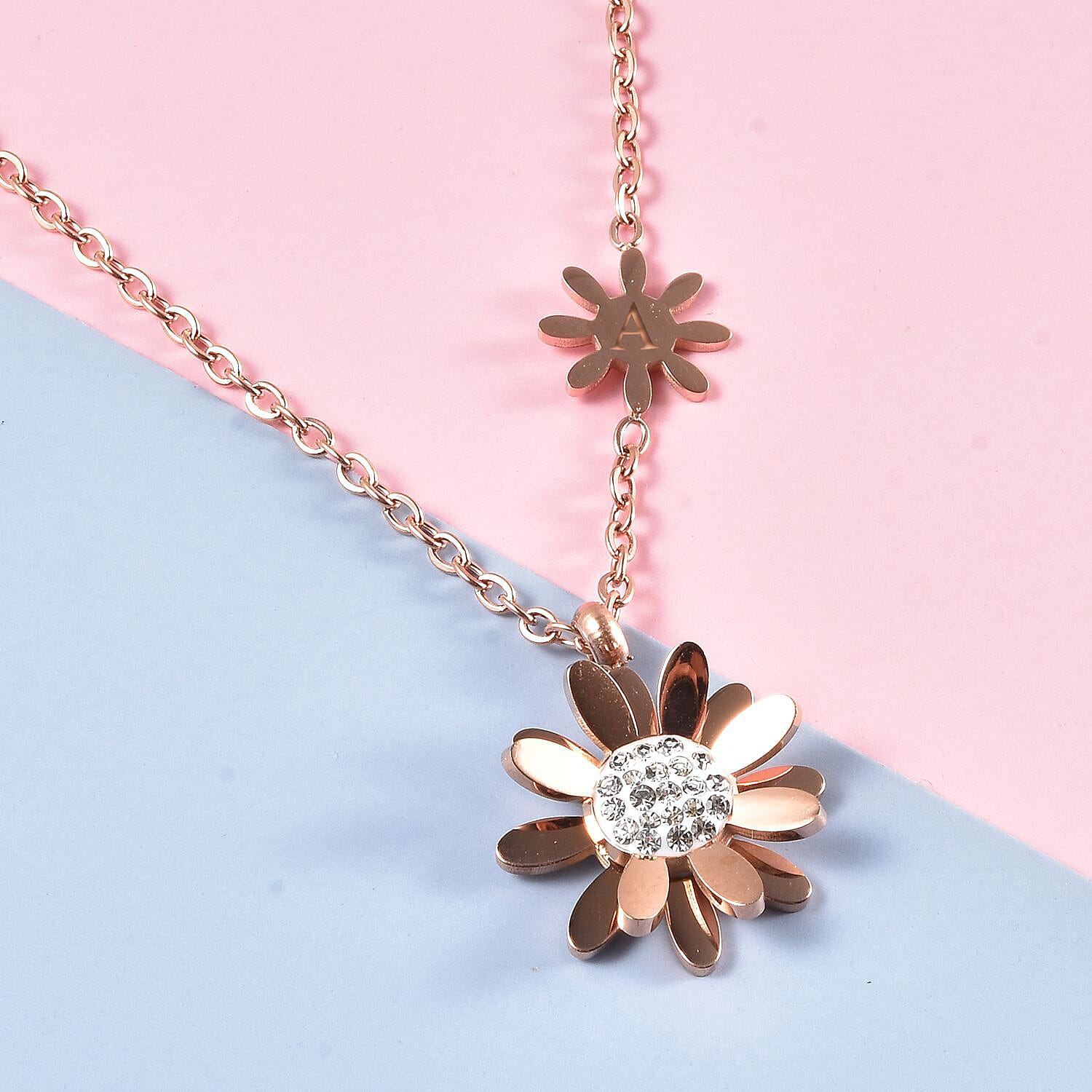 Personalised Engravable White Austrian Crystal Enamelled Floral Initial Necklace Size 16"