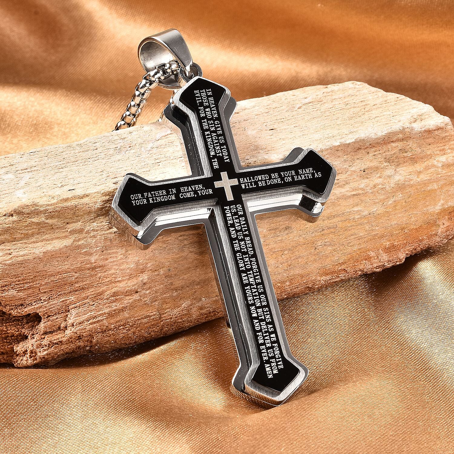 Personalised Engravable Cross Pendant With Chain (Size - 21.50) in Sterling Silver Black Tone