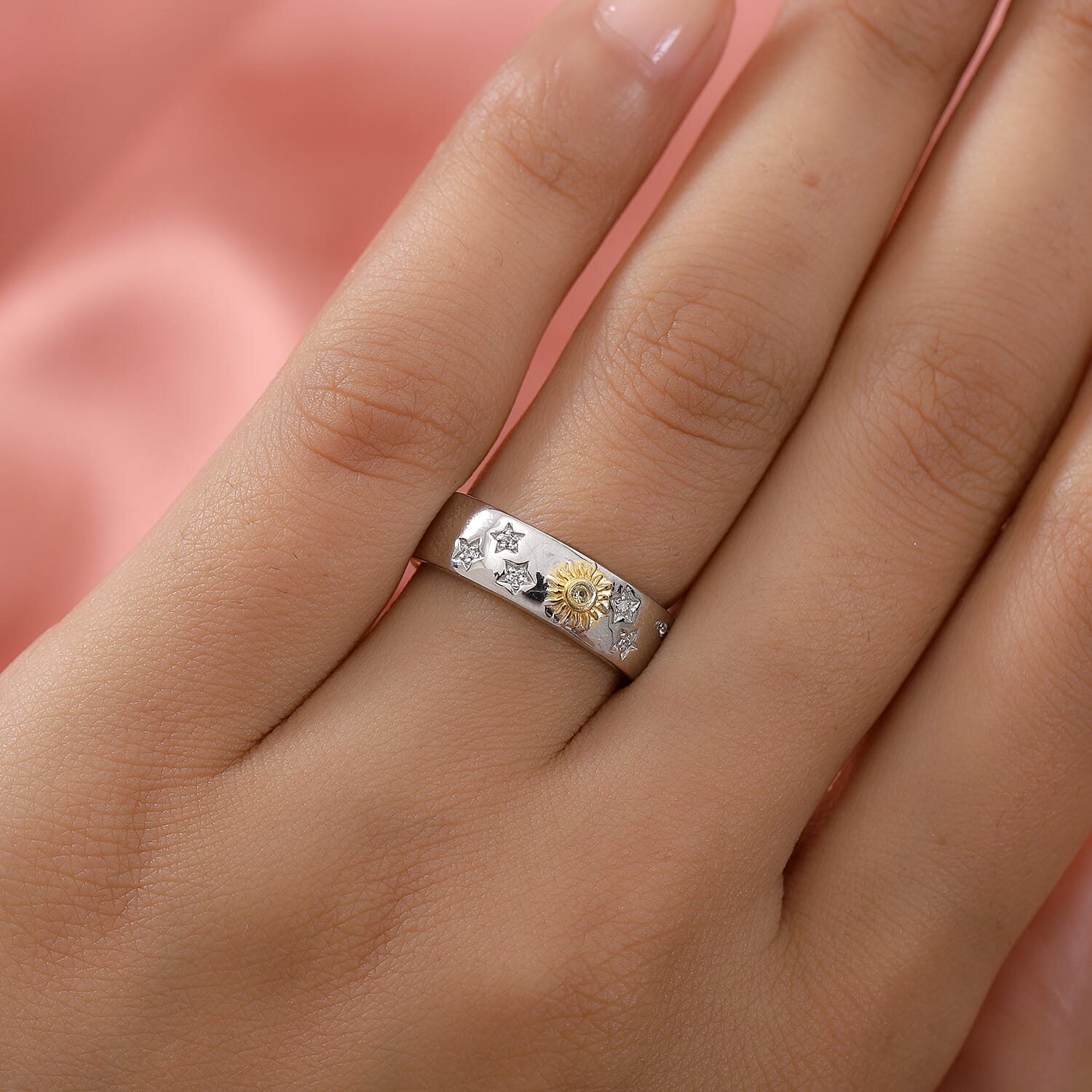 Personalised Engravable Yellow Sapphire and Zircon Celestial Band Ring in Sterling Silver