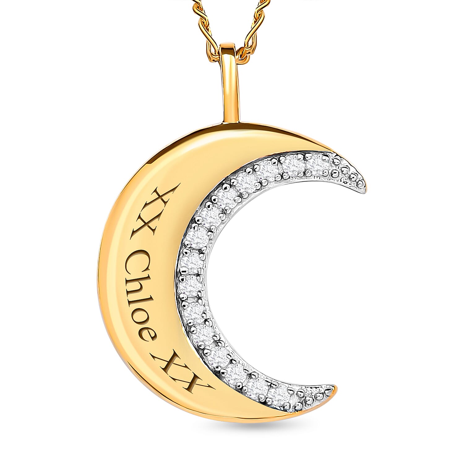 Personalised Engravable Diamond Crescent Moon Necklace (Size - 20) in 18K Vermeil Yellow Gold Plated Sterling Silver Wt. 5.54 Gms