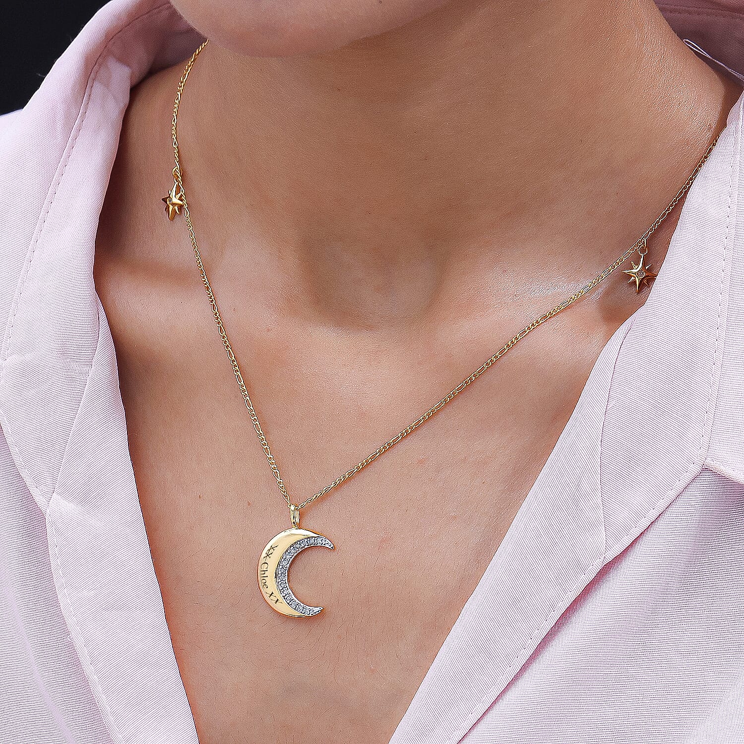 Personalised Engravable Diamond Crescent Moon Necklace (Size - 20) in 18K Vermeil Yellow Gold Plated Sterling Silver Wt. 5.54 Gms
