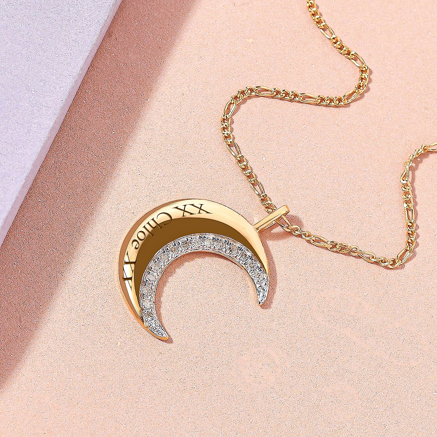 Personalised Engravable Diamond Crescent Moon Necklace (Size - 20) in 18K Vermeil Yellow Gold Plated Sterling Silver Wt. 5.54 Gms