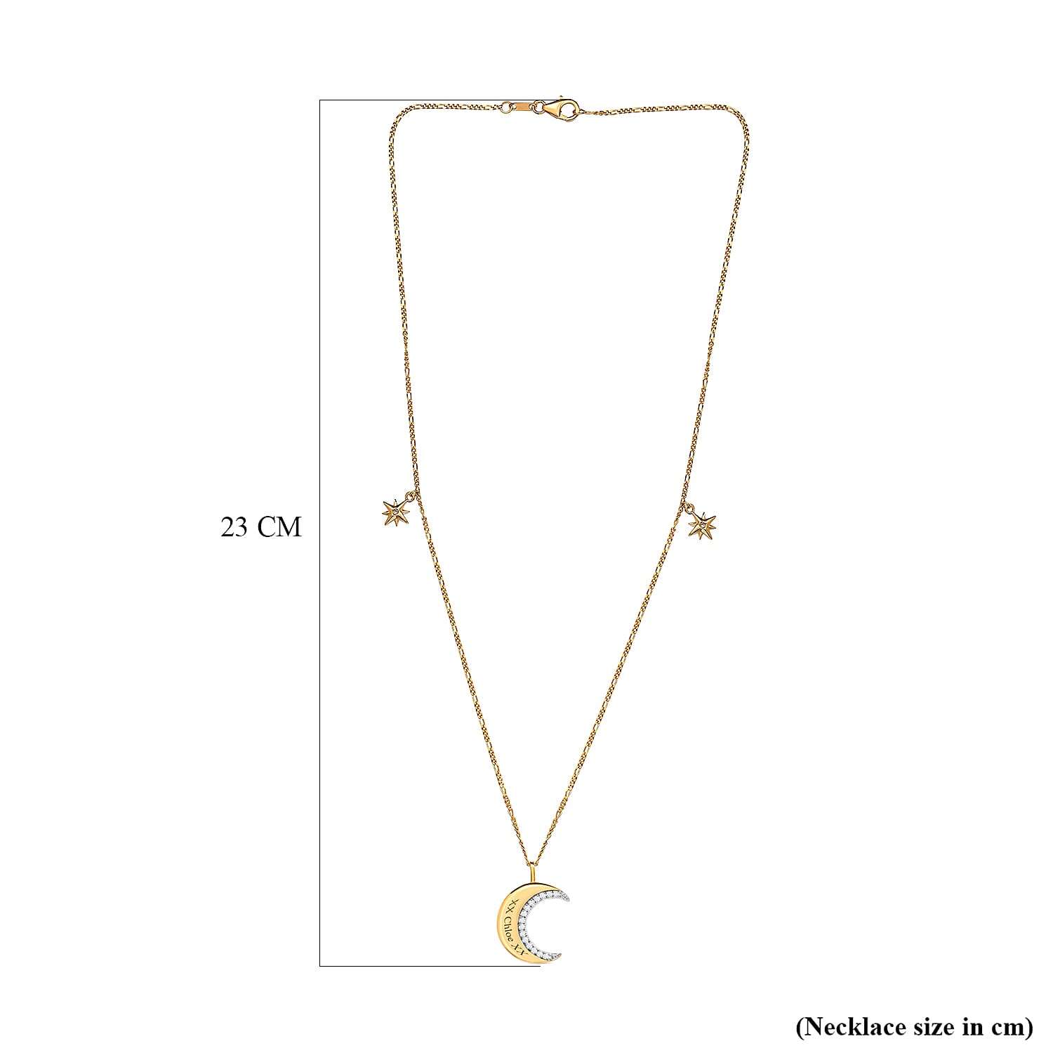 Personalised Engravable Diamond Crescent Moon Necklace (Size - 20) in 18K Vermeil Yellow Gold Plated Sterling Silver Wt. 5.54 Gms