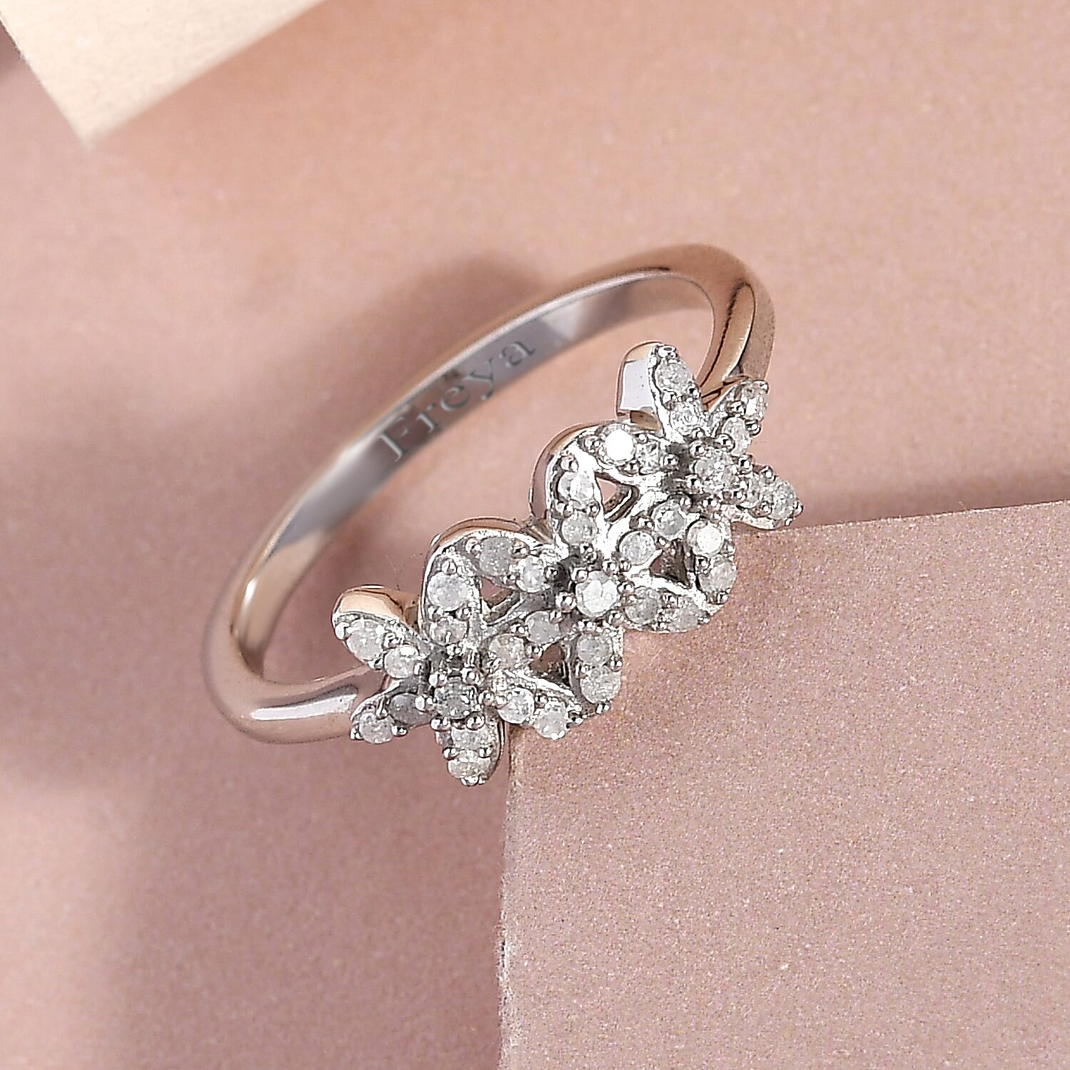 Personalised Engravable Diamond Floral Ring in Sterling Silver