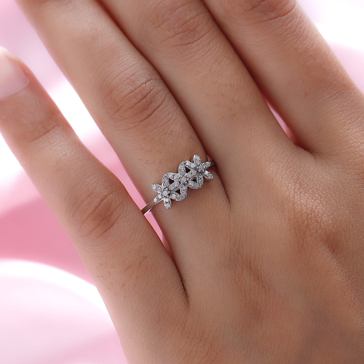 Personalised Engravable Diamond Floral Ring in Sterling Silver