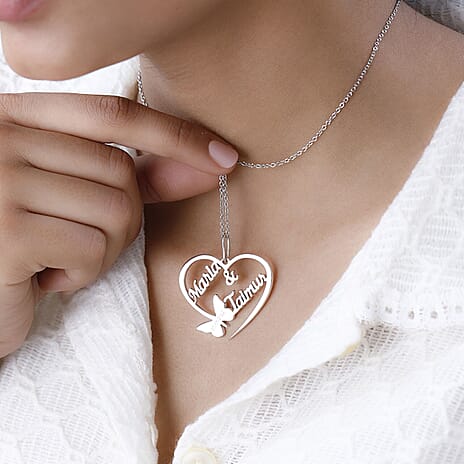 Personalised Couple Name Heart & Butterfly Name Necklace in Silver, Size 18-2 Inch, Font - Freehand521 BT