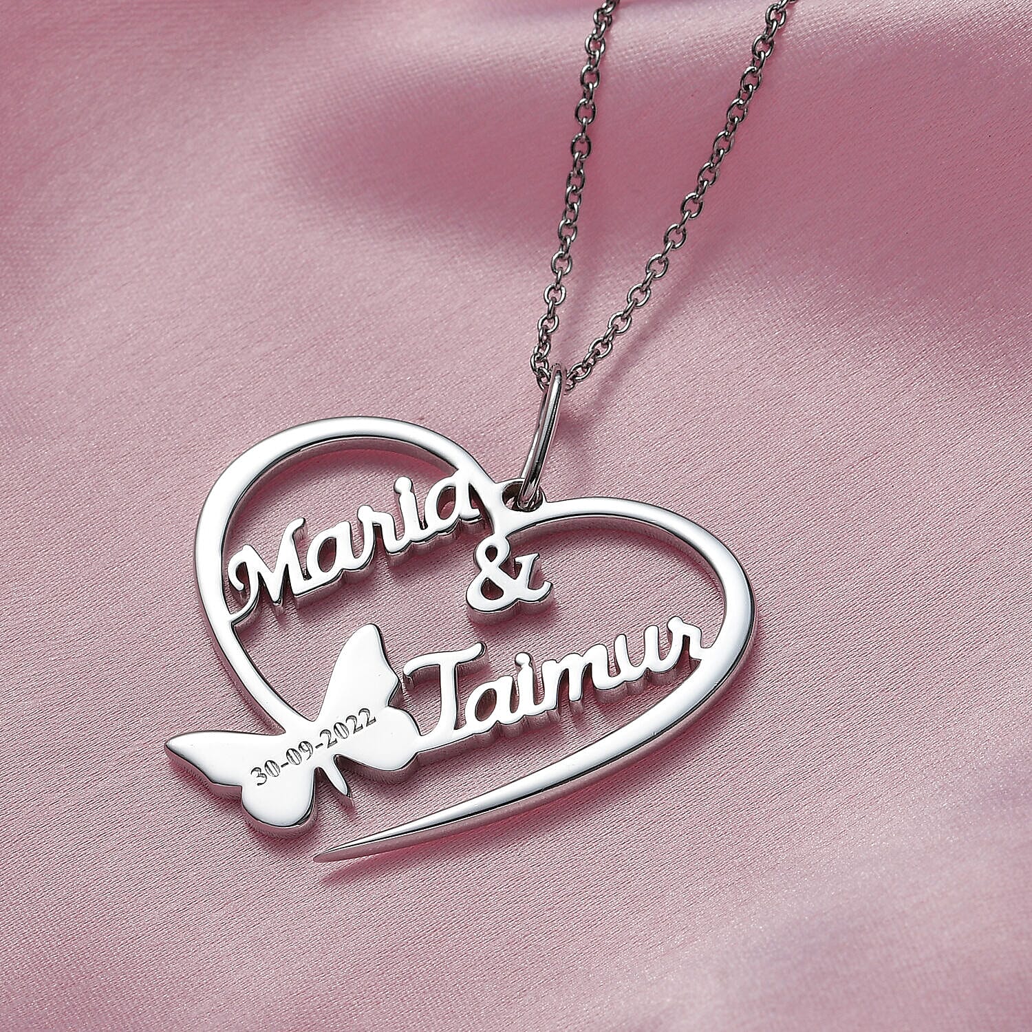 Personalised Couple Name Heart & Butterfly Name Necklace in Silver, Size 18-2 Inch, Font - Freehand521 BT