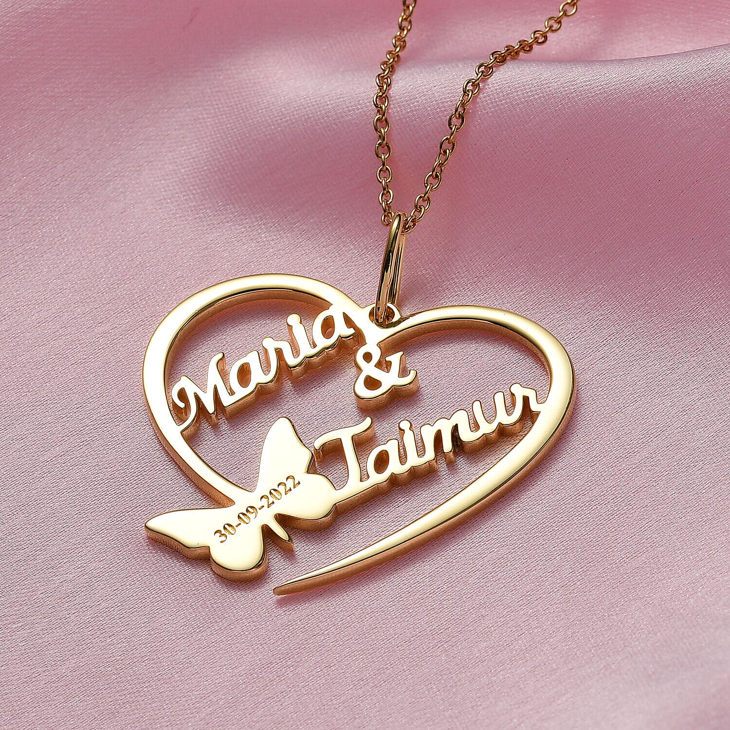 Personalised Couple Name Heart & Butterfly Name Necklace in Silver, Size 18-2 Inch, Font - Freehand521 BT