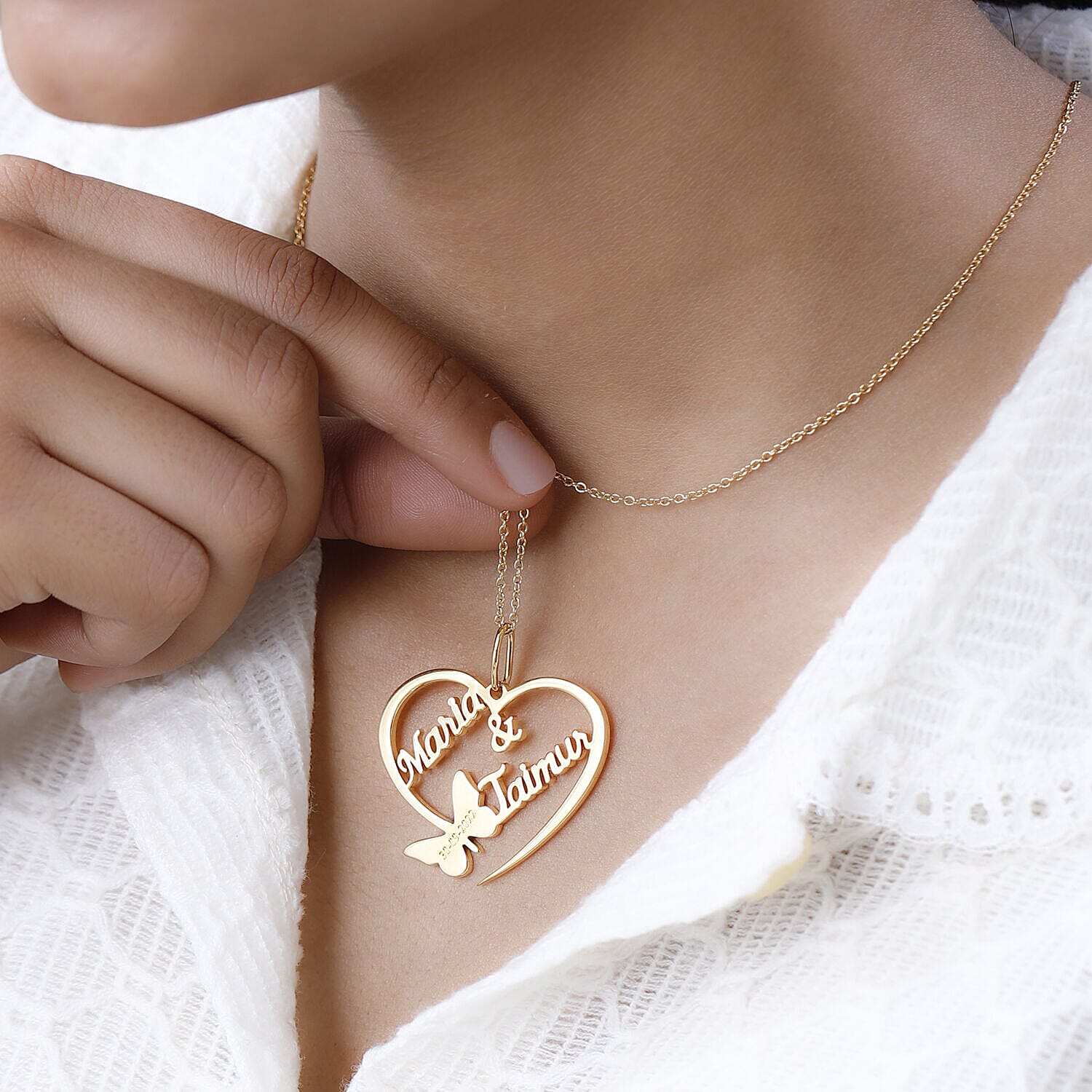 Personalised Couple Name Heart & Butterfly Name Necklace in Silver, Size 18-2 Inch, Font - Freehand521 BT