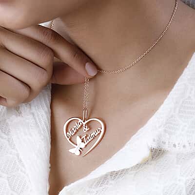 Personalised Couple Name Heart Butterfly Name Necklace in Silver
