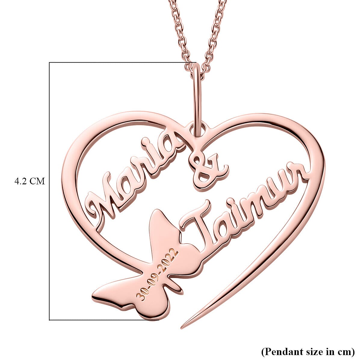 Personalised Couple Name Heart & Butterfly Name Necklace in Silver, Size 18-2 Inch, Font - Freehand521 BT