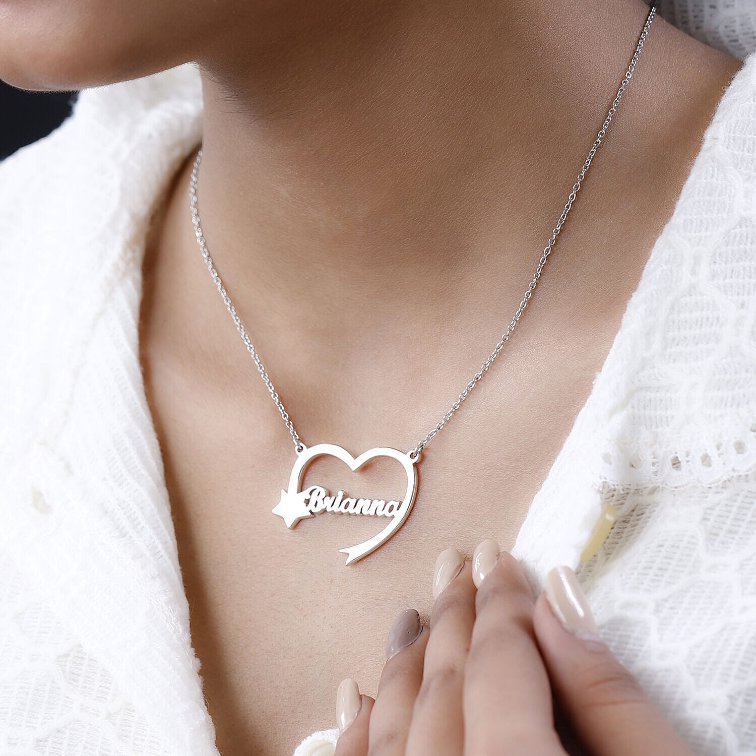 Personalised Heart Name Neckace with Star in Silver, Size 18-2 Inch, Font - Freehand521 BT