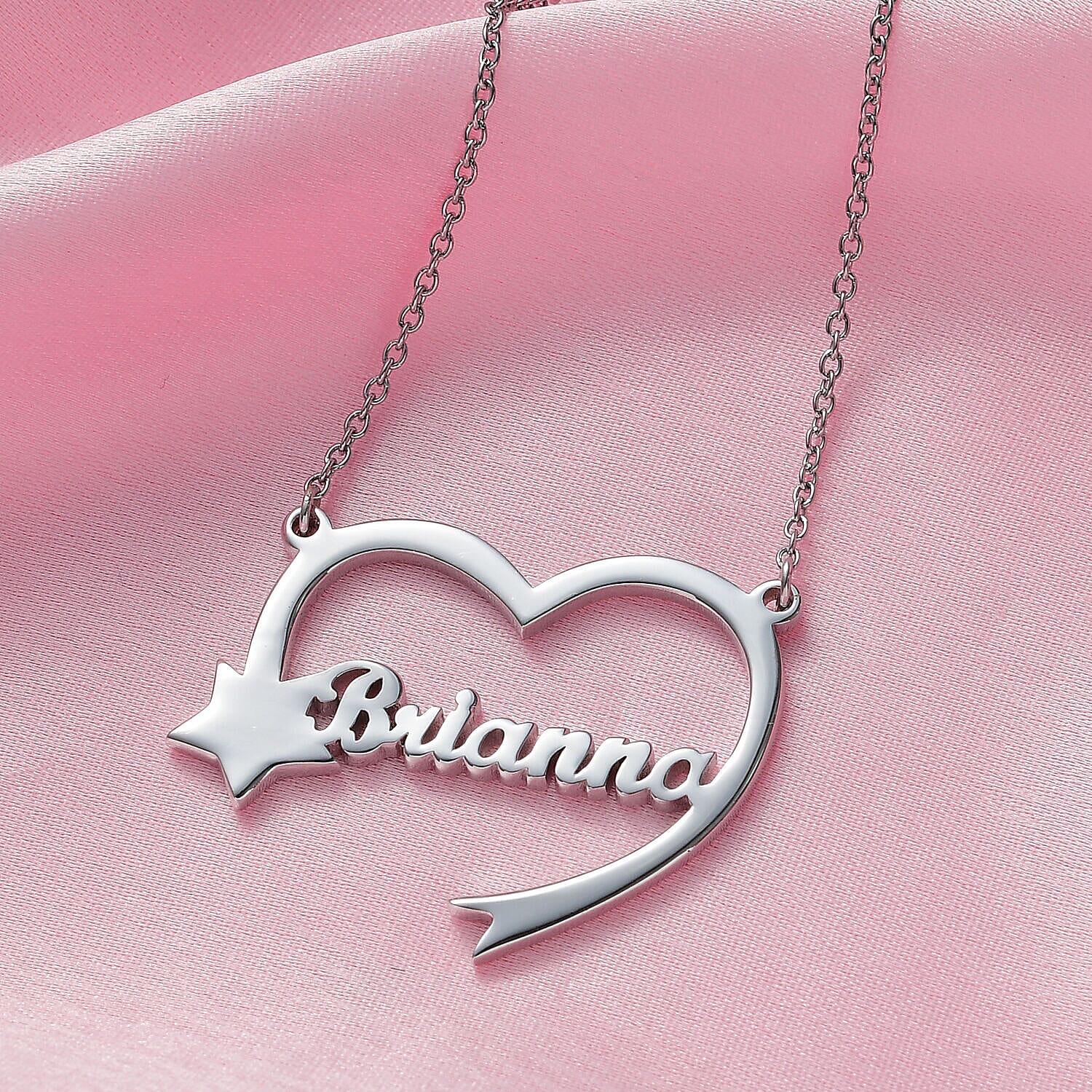 Personalised Heart Name Neckace with Star in Silver, Size 18-2 Inch, Font - Freehand521 BT