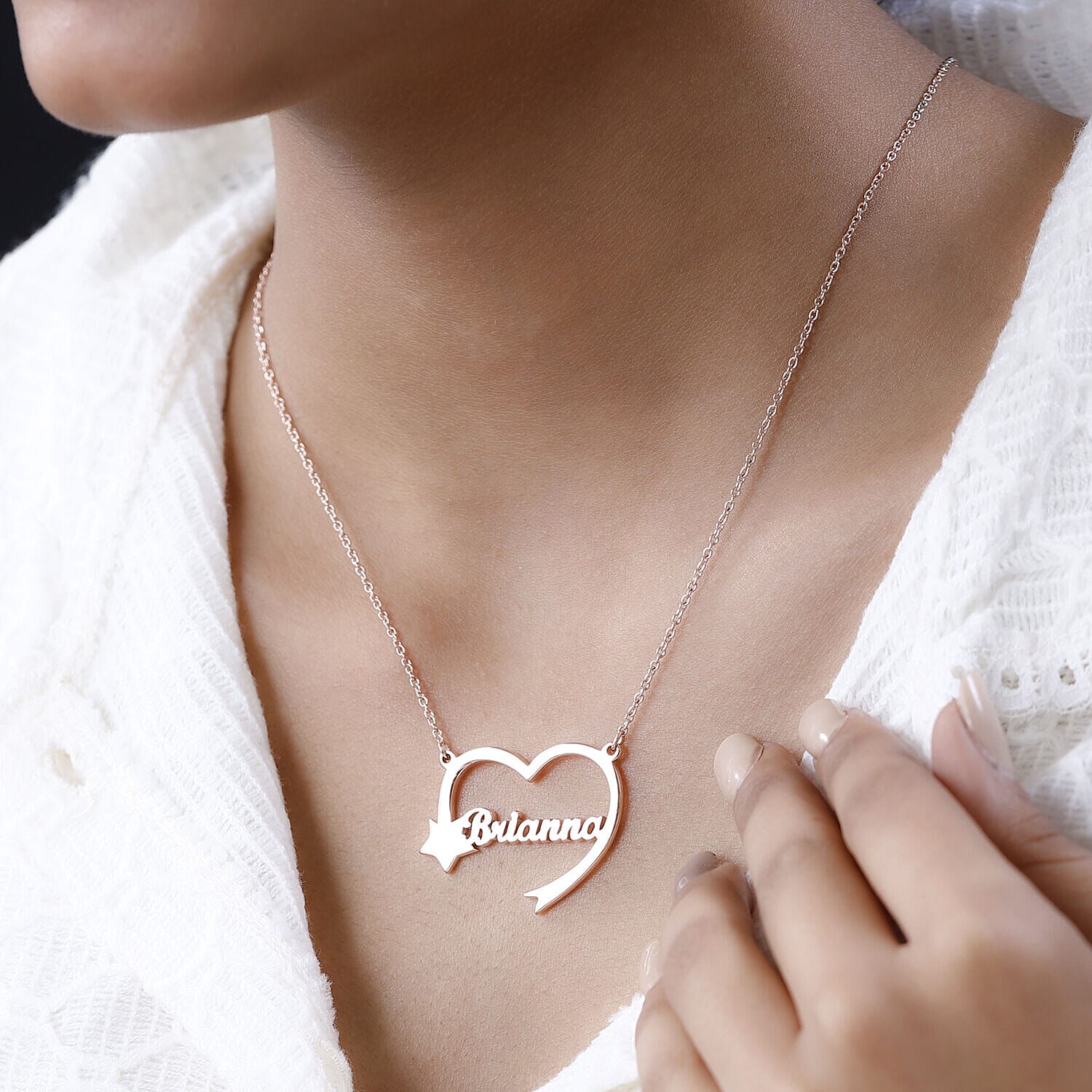 Personalised Heart Name Neckace with Star in Silver, Size 18-2 Inch, Font - Freehand521 BT