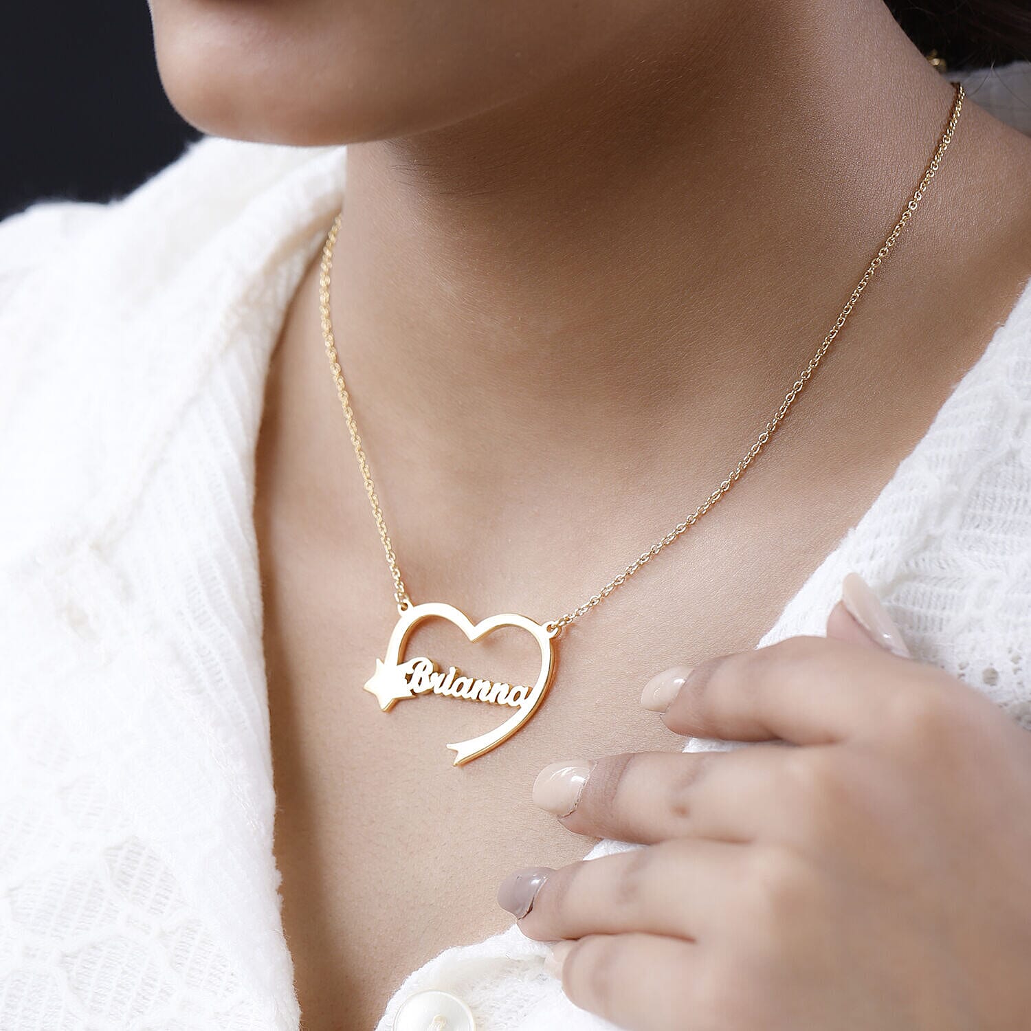 Personalised Heart Name Neckace with Star in Silver, Size 18-2 Inch, Font - Freehand521 BT