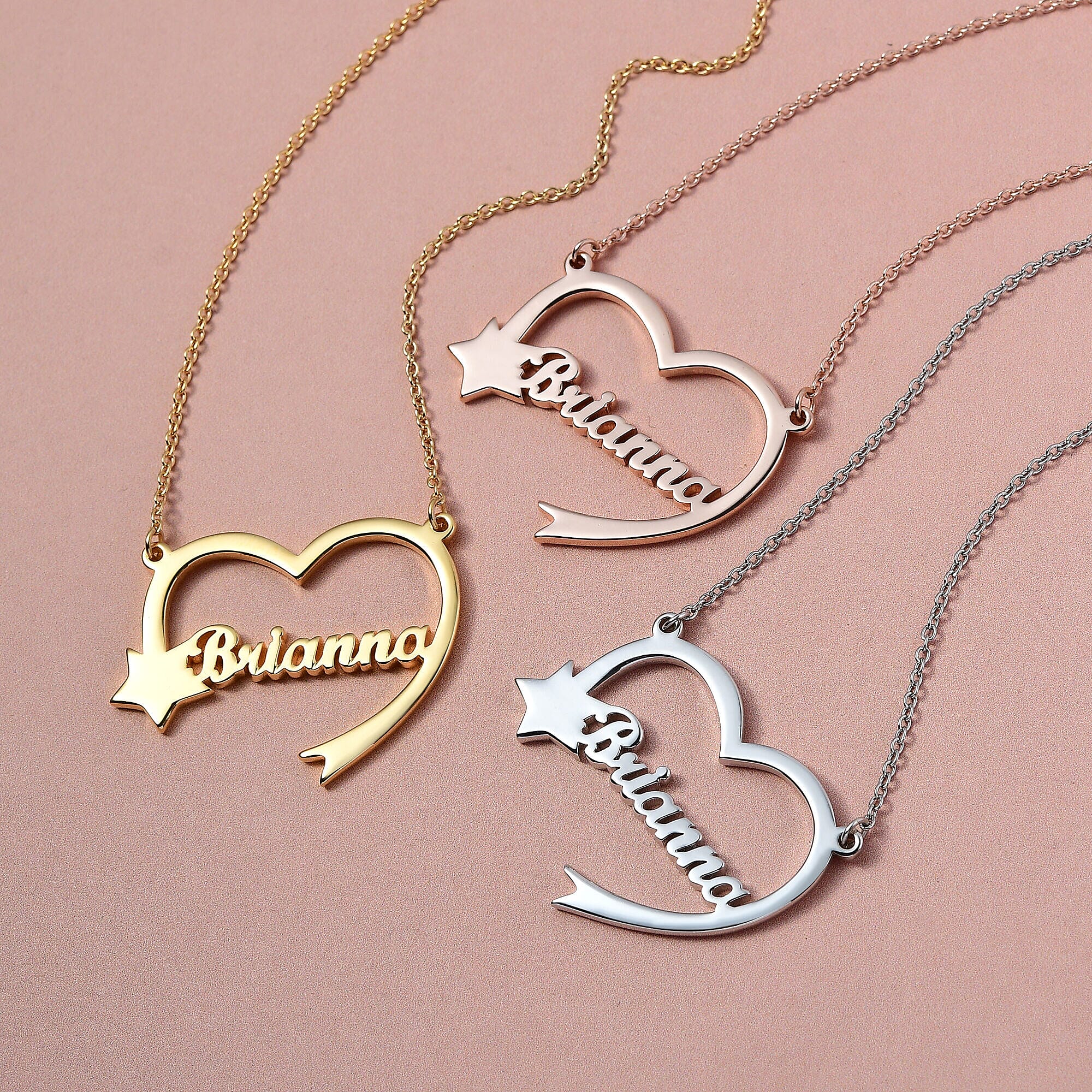 Personalised Heart Name Neckace with Star in Silver, Size 18-2 Inch, Font - Freehand521 BT
