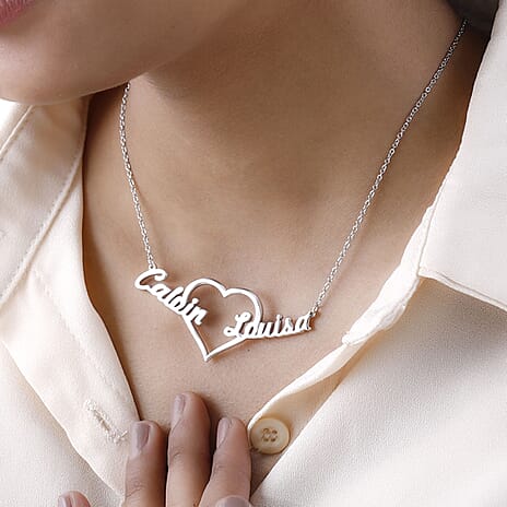 Personalised Two Name Necklace with Heart in Silver, Size 18-2 Inch, Font - Freehand521 BT