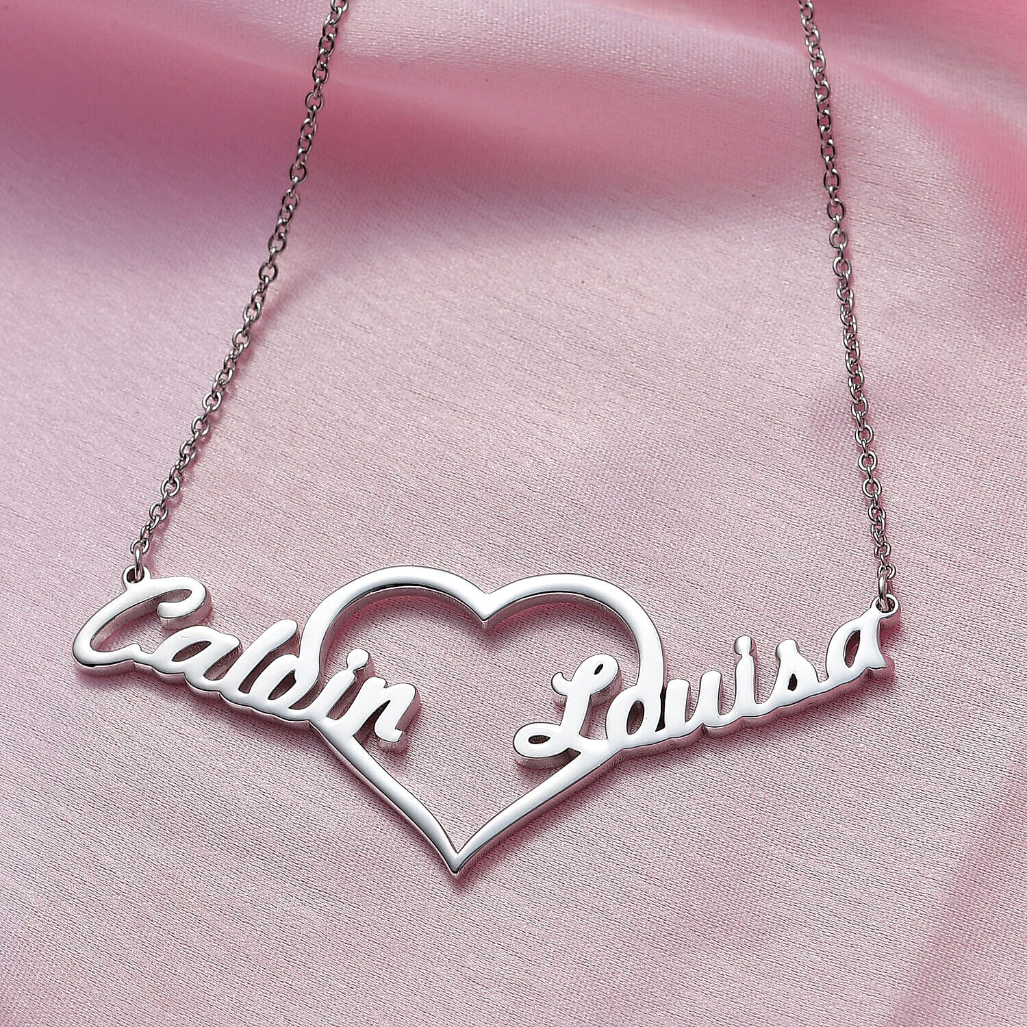 Personalised Two Name Necklace with Heart in Silver, Size 18-2 Inch, Font - Freehand521 BT