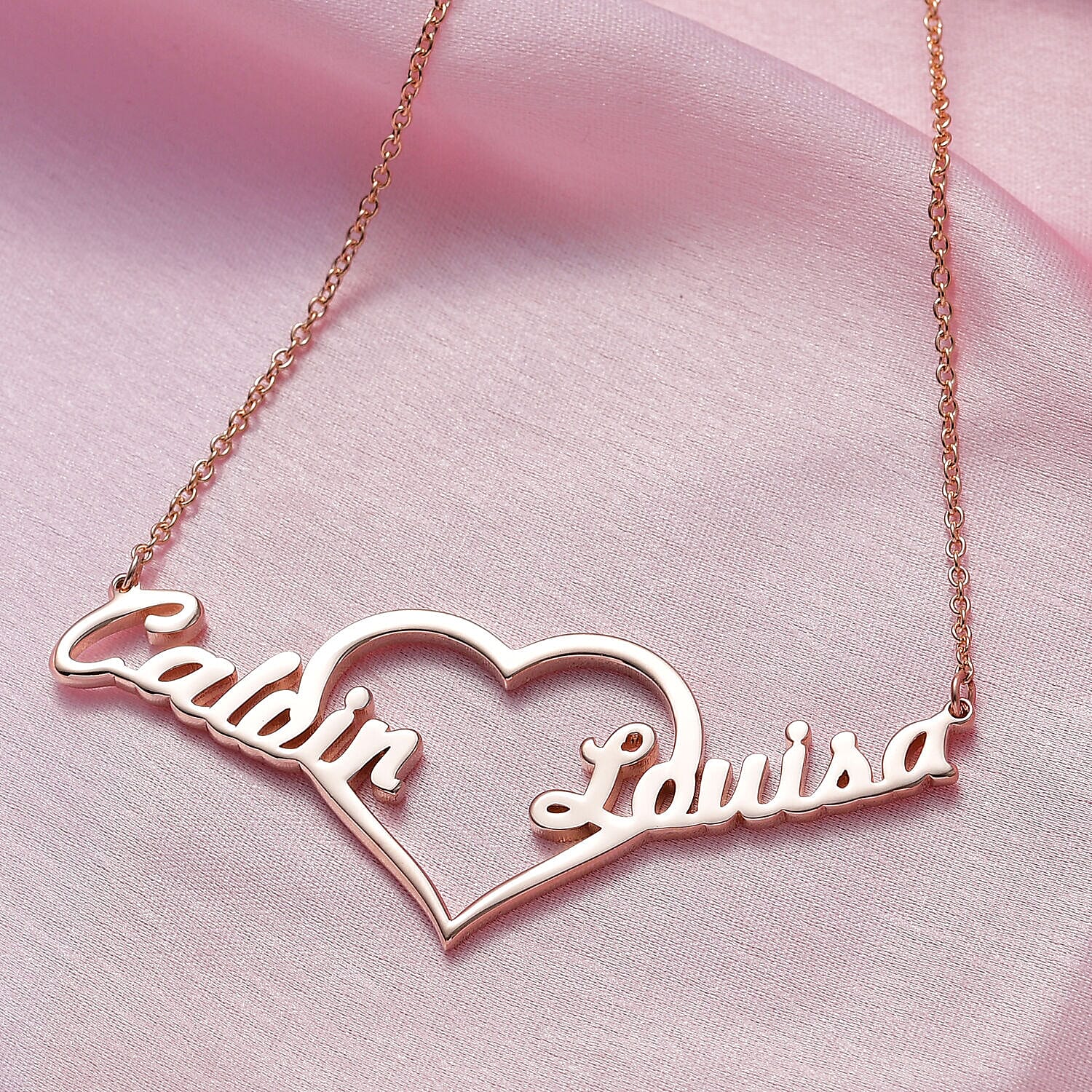 Personalised Two Name Necklace with Heart in Silver, Size 18-2 Inch, Font - Freehand521 BT