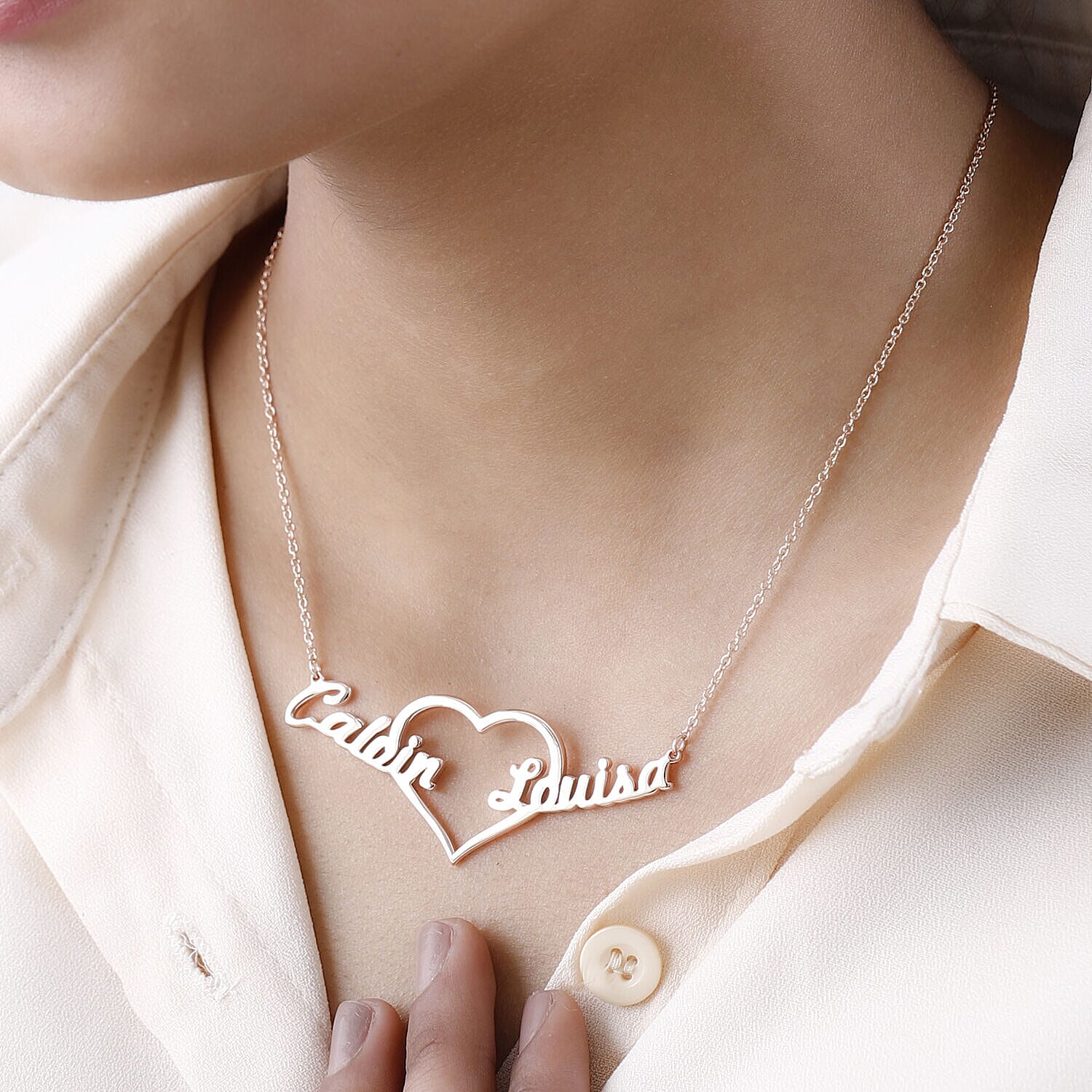 Personalised Two Name Necklace with Heart in Silver, Size 18-2 Inch, Font - Freehand521 BT
