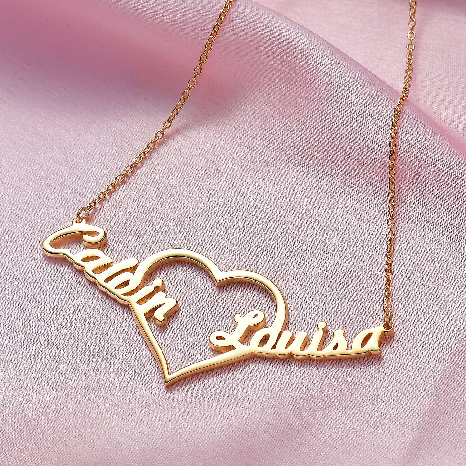 Personalised Two Name Necklace with Heart in Silver, Size 18-2 Inch, Font - Freehand521 BT