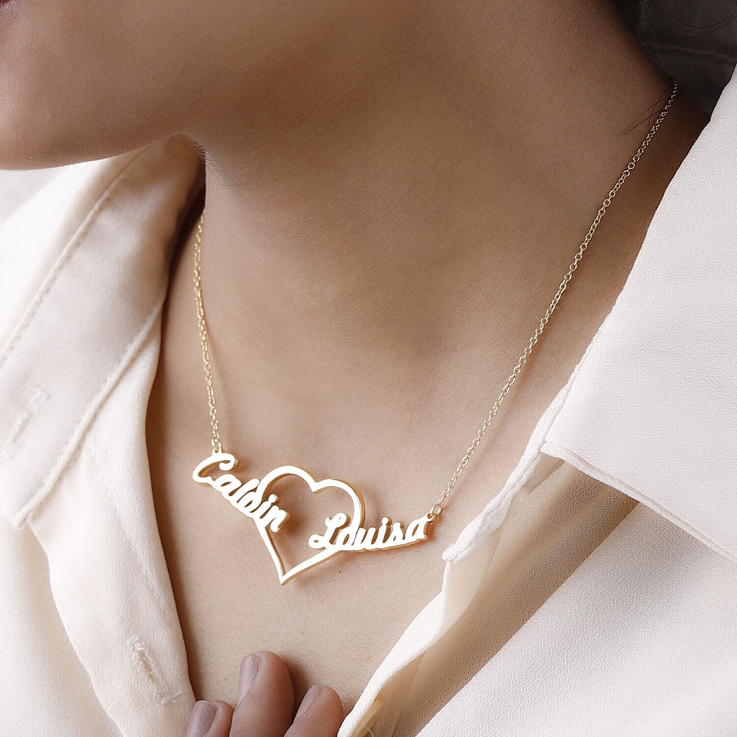 Personalised Two Name Necklace with Heart in Silver, Size 18-2 Inch, Font - Freehand521 BT