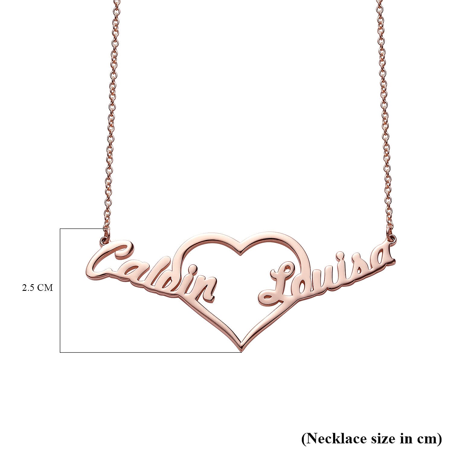 Personalised Two Name Necklace with Heart in Silver, Size 18-2 Inch, Font - Freehand521 BT