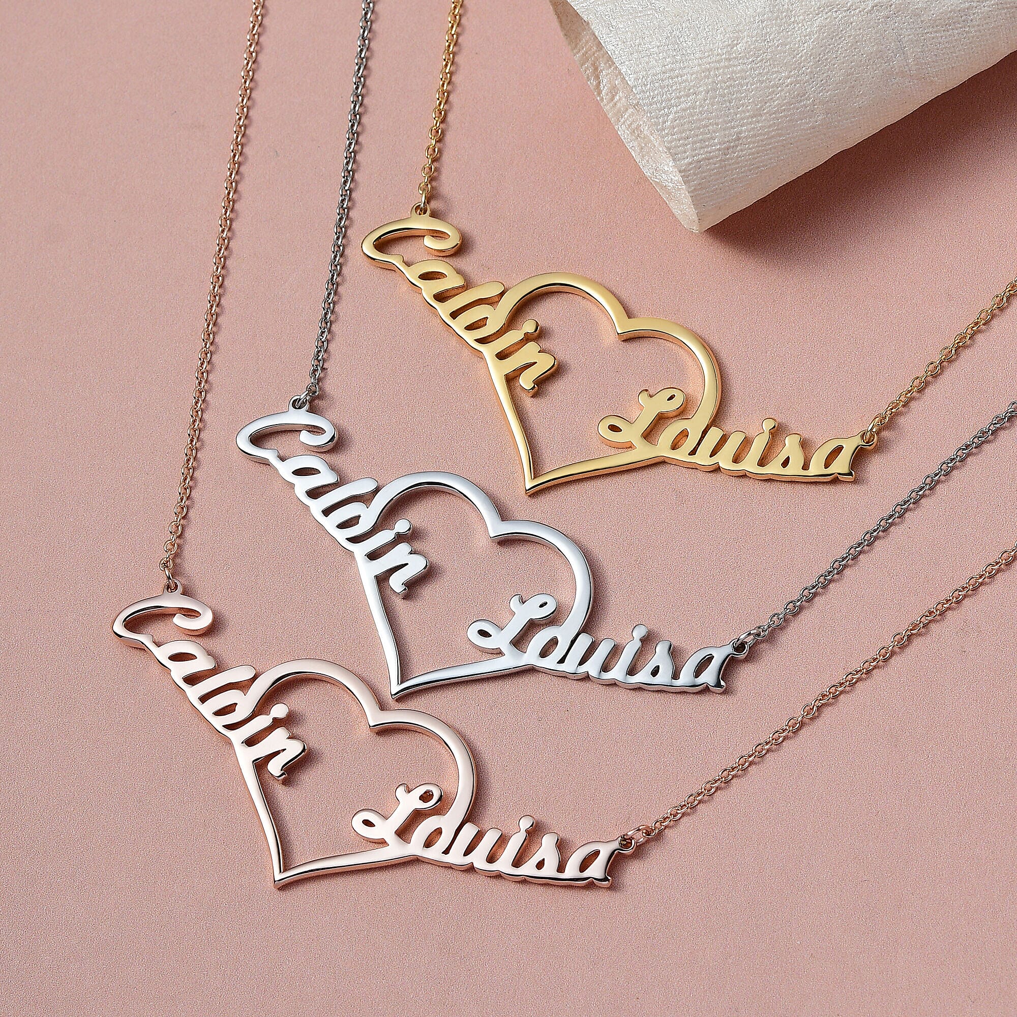 Personalised Two Name Necklace with Heart in Silver, Size 18-2 Inch, Font - Freehand521 BT