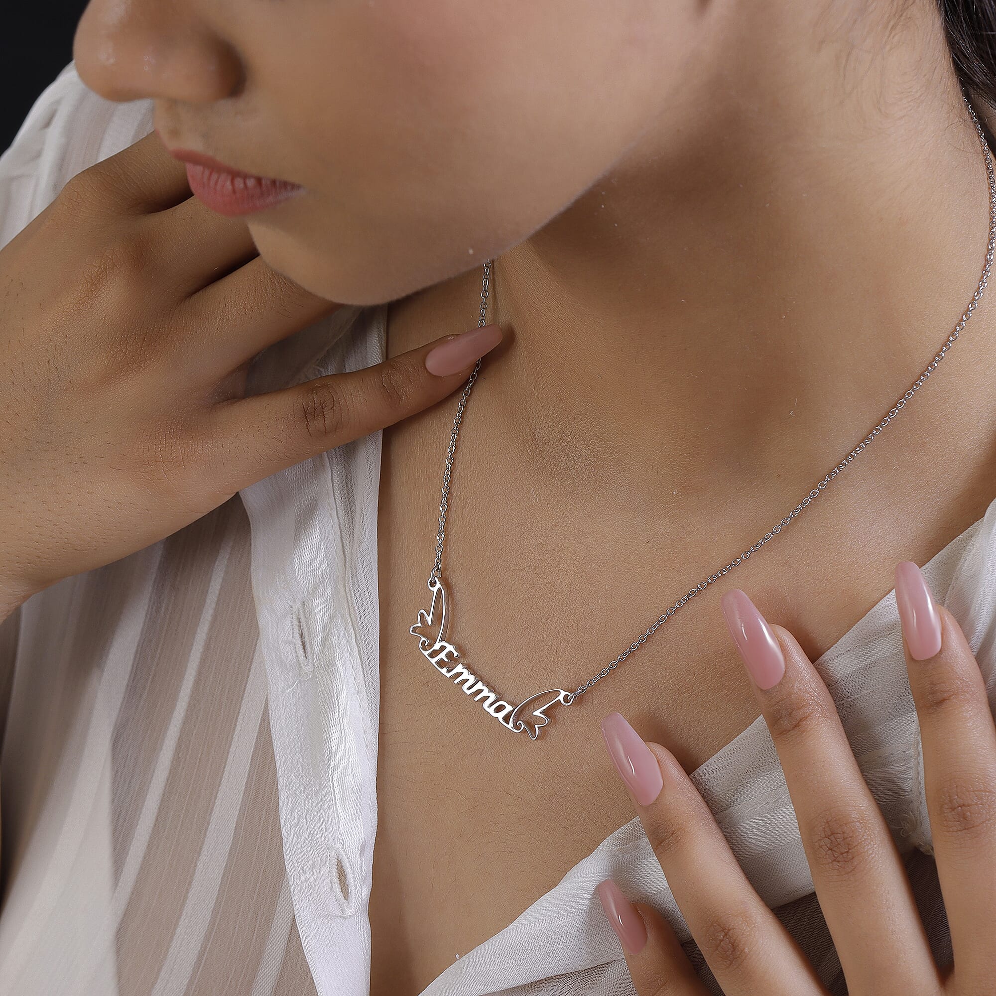 Personalised Wings Name Necklace in Silver, Size 18-2 Inch, Font - Freehand521 BT