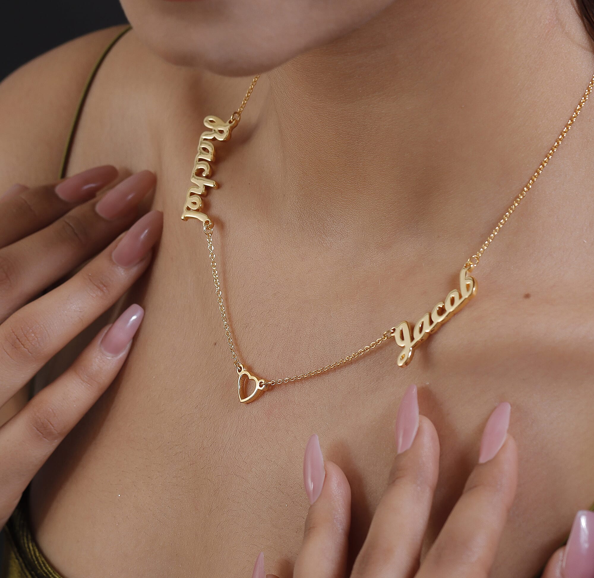 Personalised Heart Two Name Necklace with Heart in Silver, Size 18-2 Inch, Font - Freehand521 BT