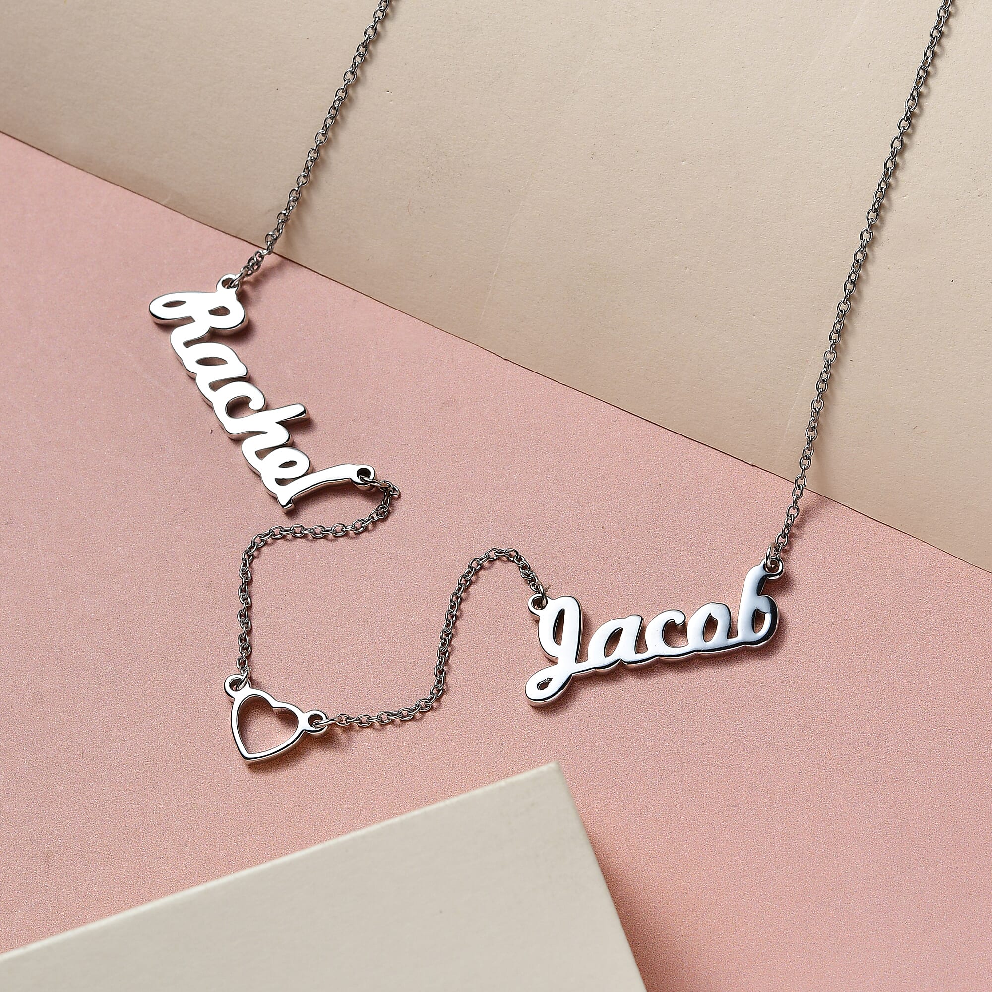 Personalised Heart Two Name Necklace with Heart in Silver, Size 18-2 Inch, Font - Freehand521 BT