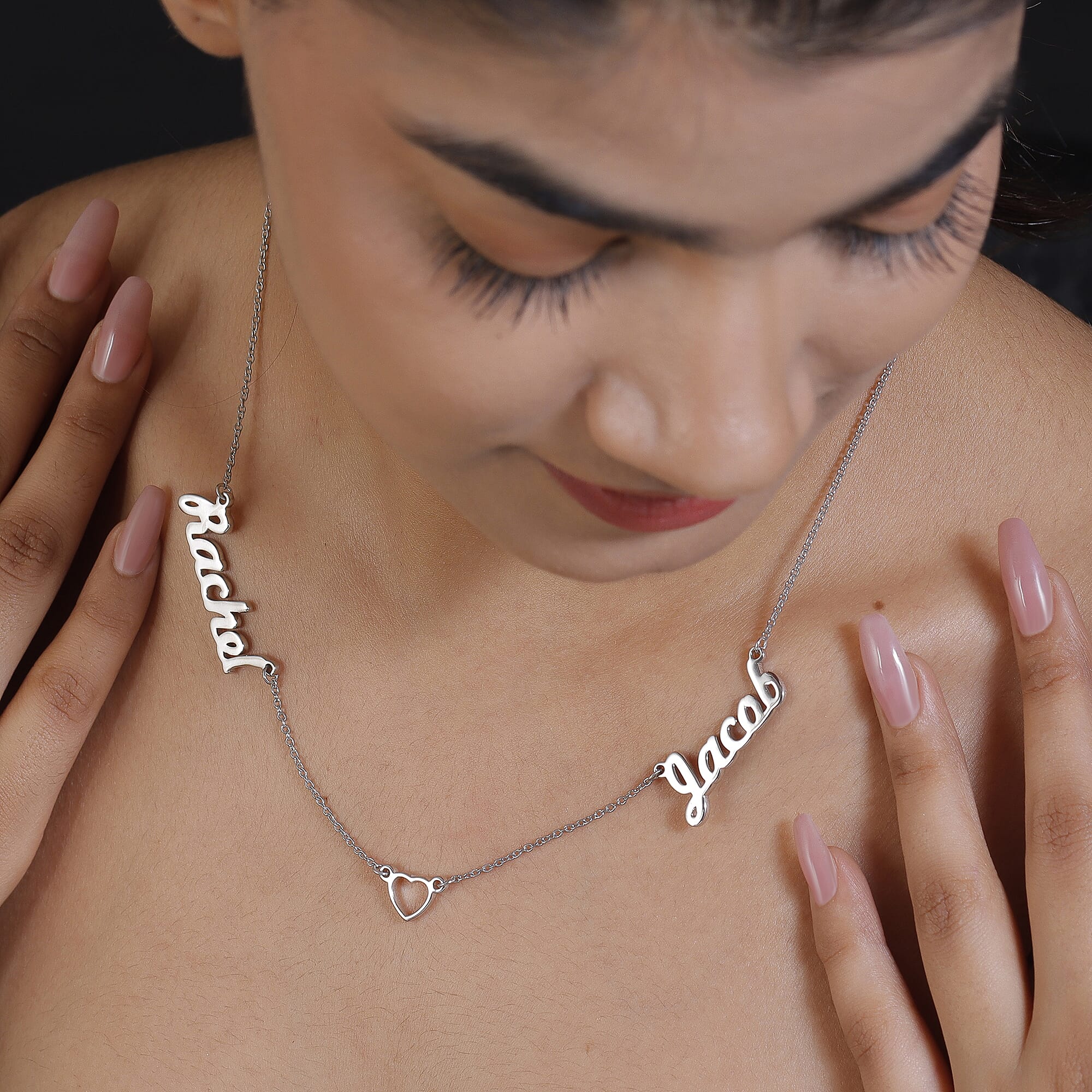 Personalised Heart Two Name Necklace with Heart in Silver, Size 18-2 Inch, Font - Freehand521 BT