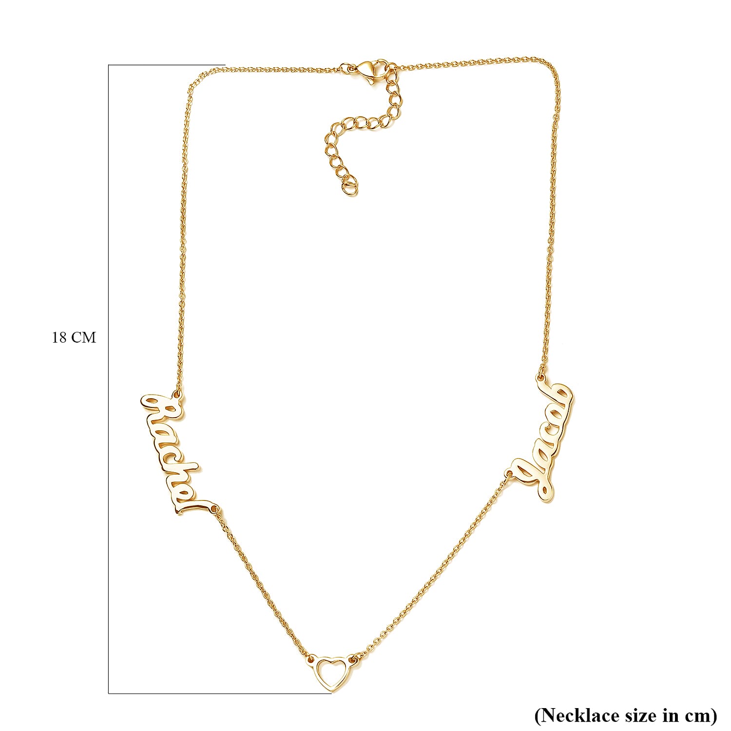 Personalised Heart Two Name Necklace with Heart in Silver, Size 18-2 Inch, Font - Freehand521 BT