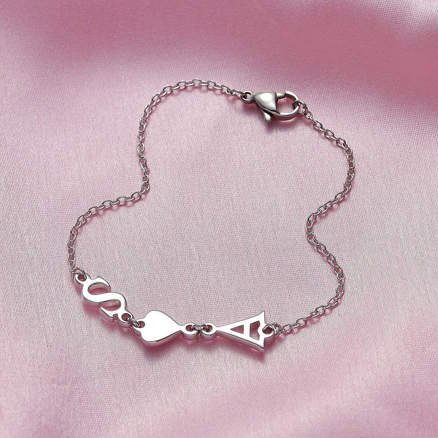 Personalised Two Initial Couple Bracelet with Heart in Silver, Size 7.25 Inch